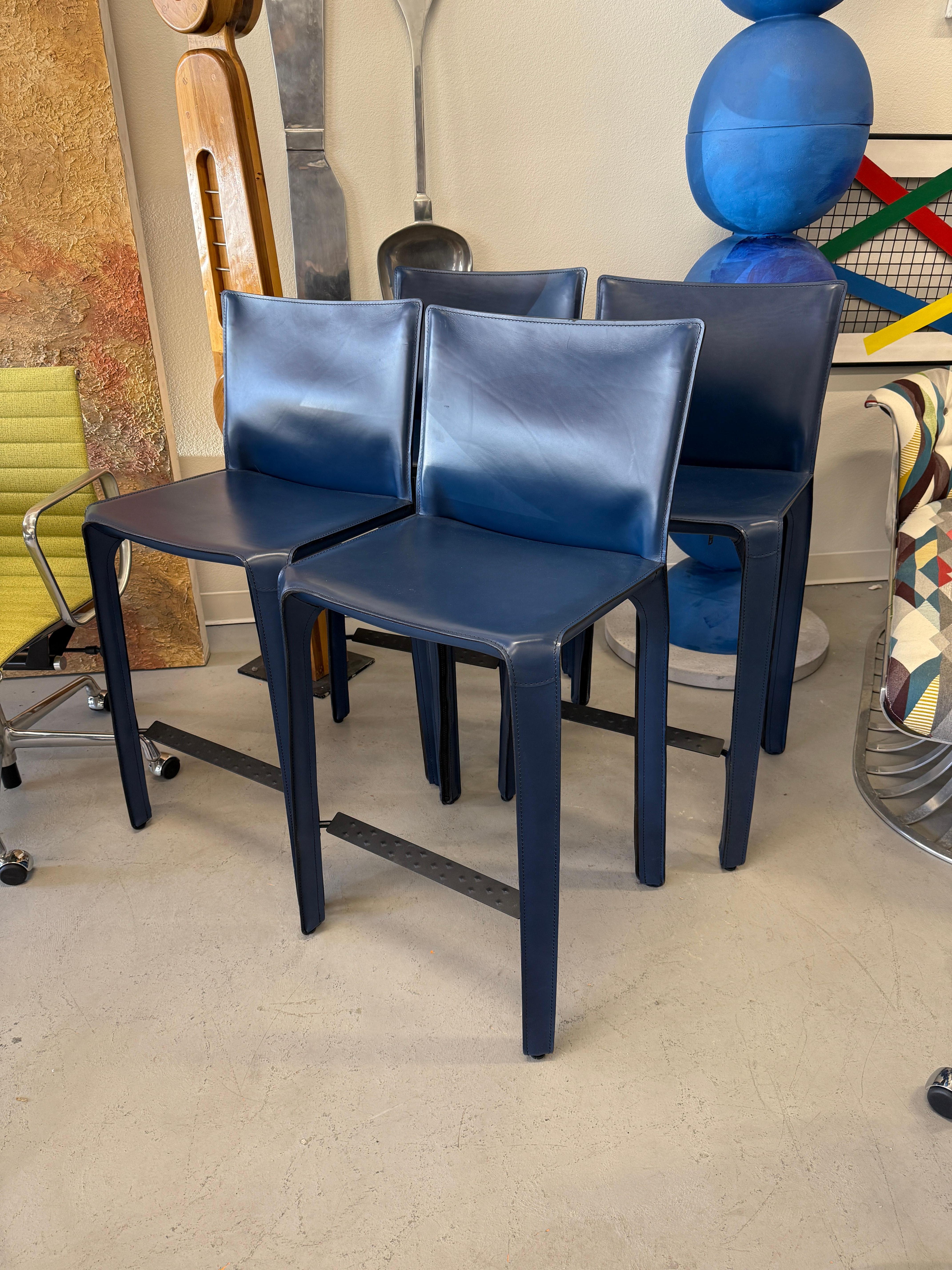 Steel Set of 4 Cassina Mario Bellini Cab 410 Blue Leather Counter Stools For Sale