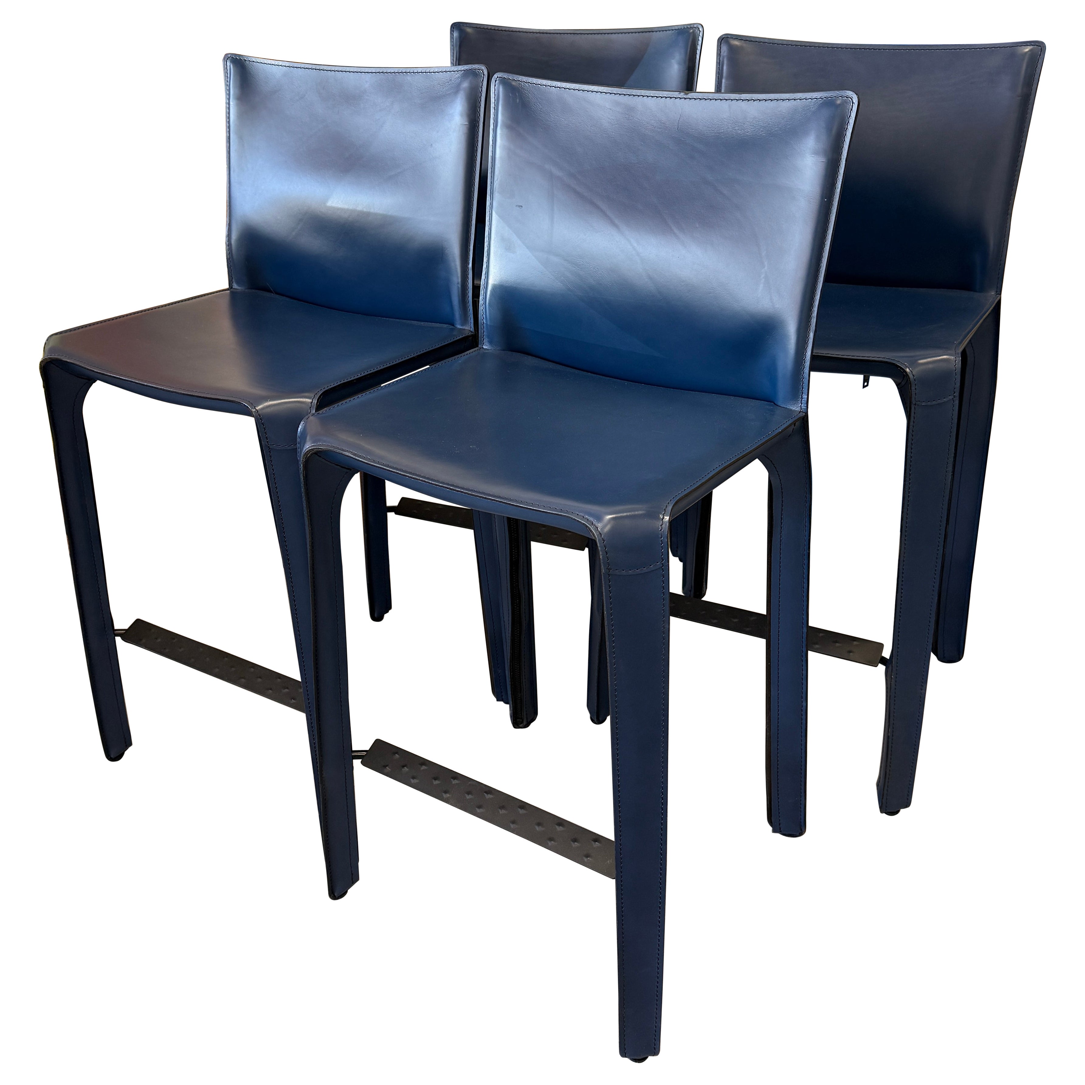 Set of 4 Cassina Mario Bellini Cab 410 Blue Leather Counter Stools For Sale