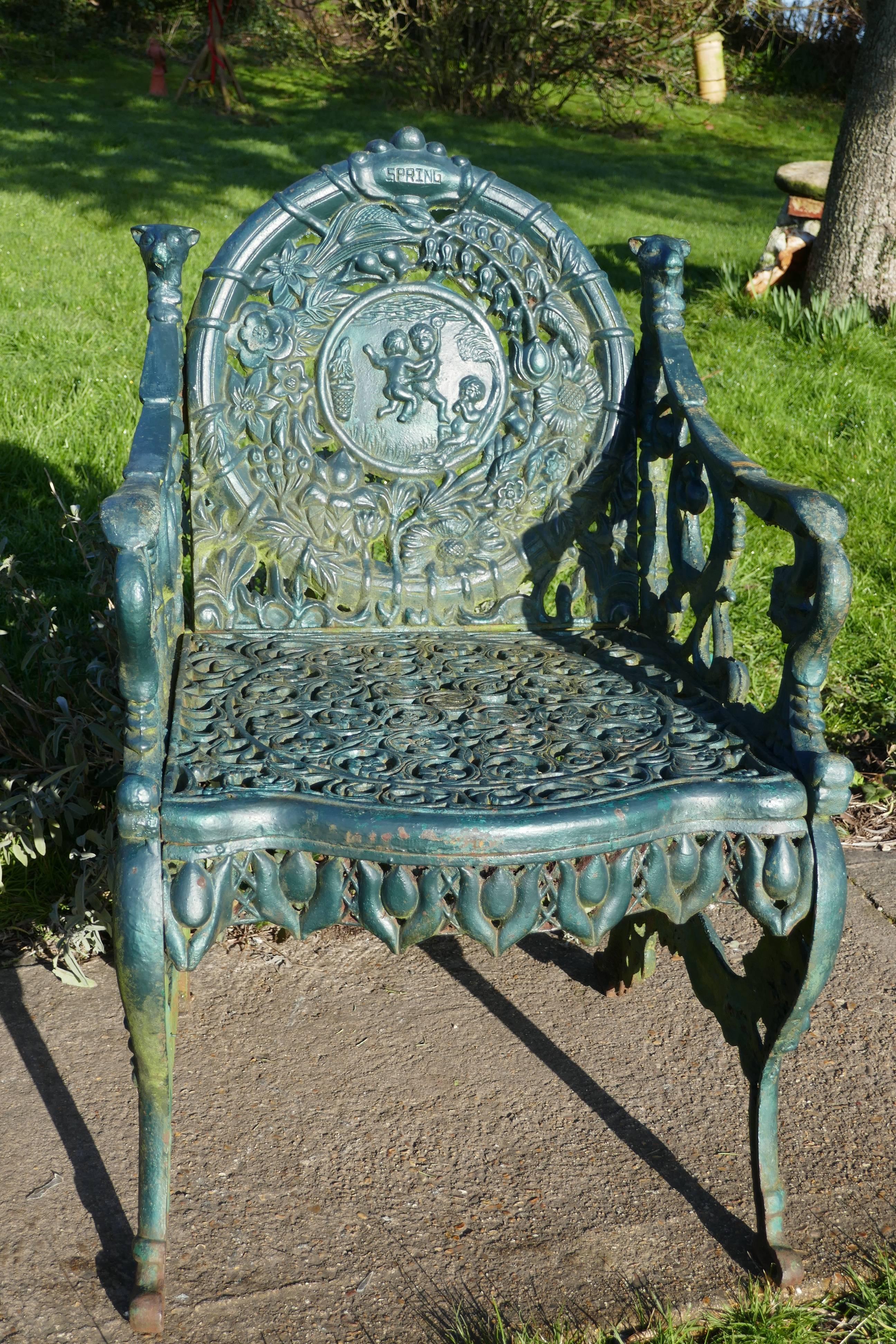 Set of Four Cast Iron Garden Armchairs, Four Seasons Plaques on the Backs 2