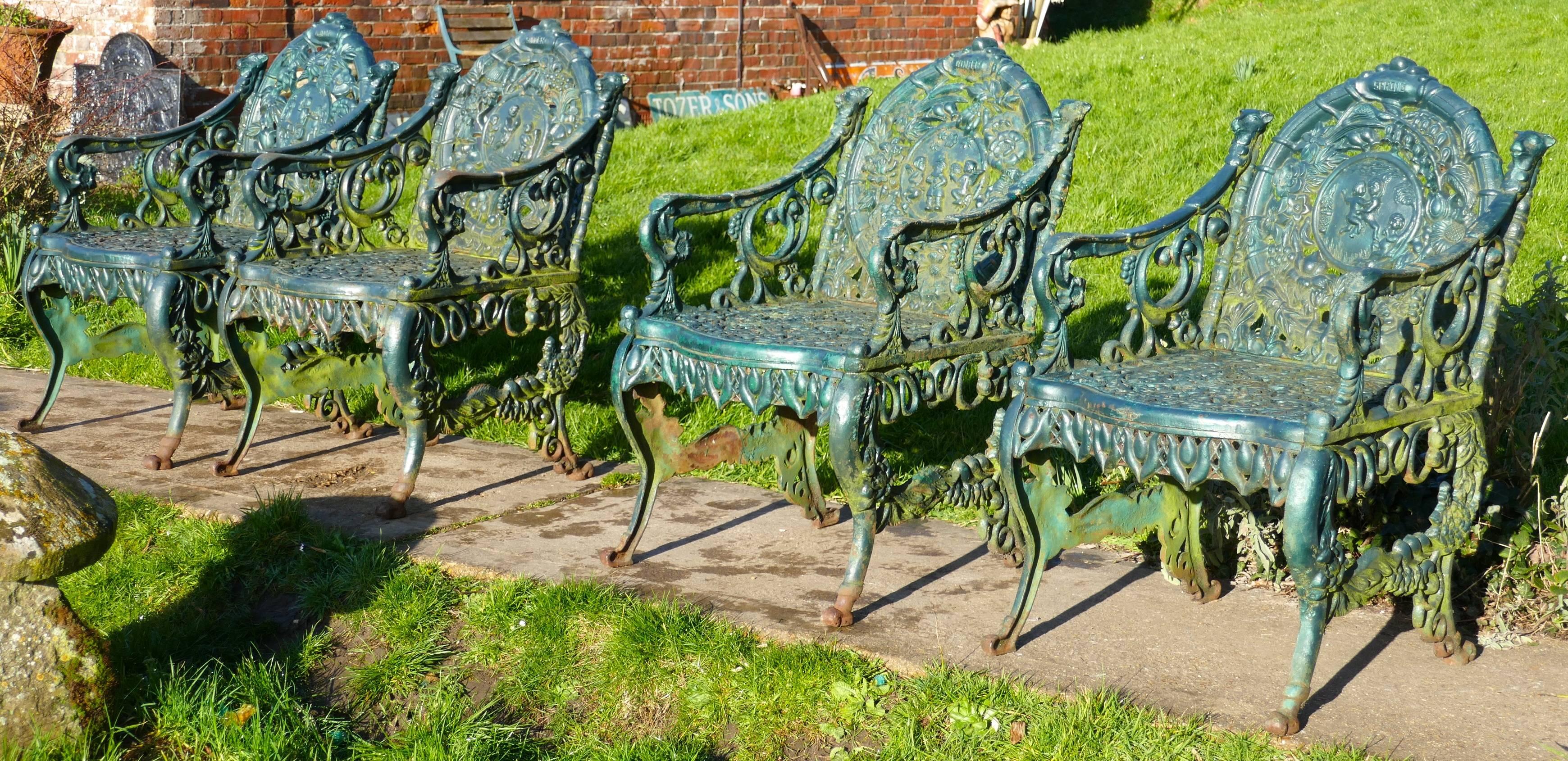 Set of four cast iron garden armchairs, four seasons plaques on the backs

This is really rare and superb set of chairs, they have a wonderful design on the back depicting the four seasons with children and nymphs playing out doors, and at the