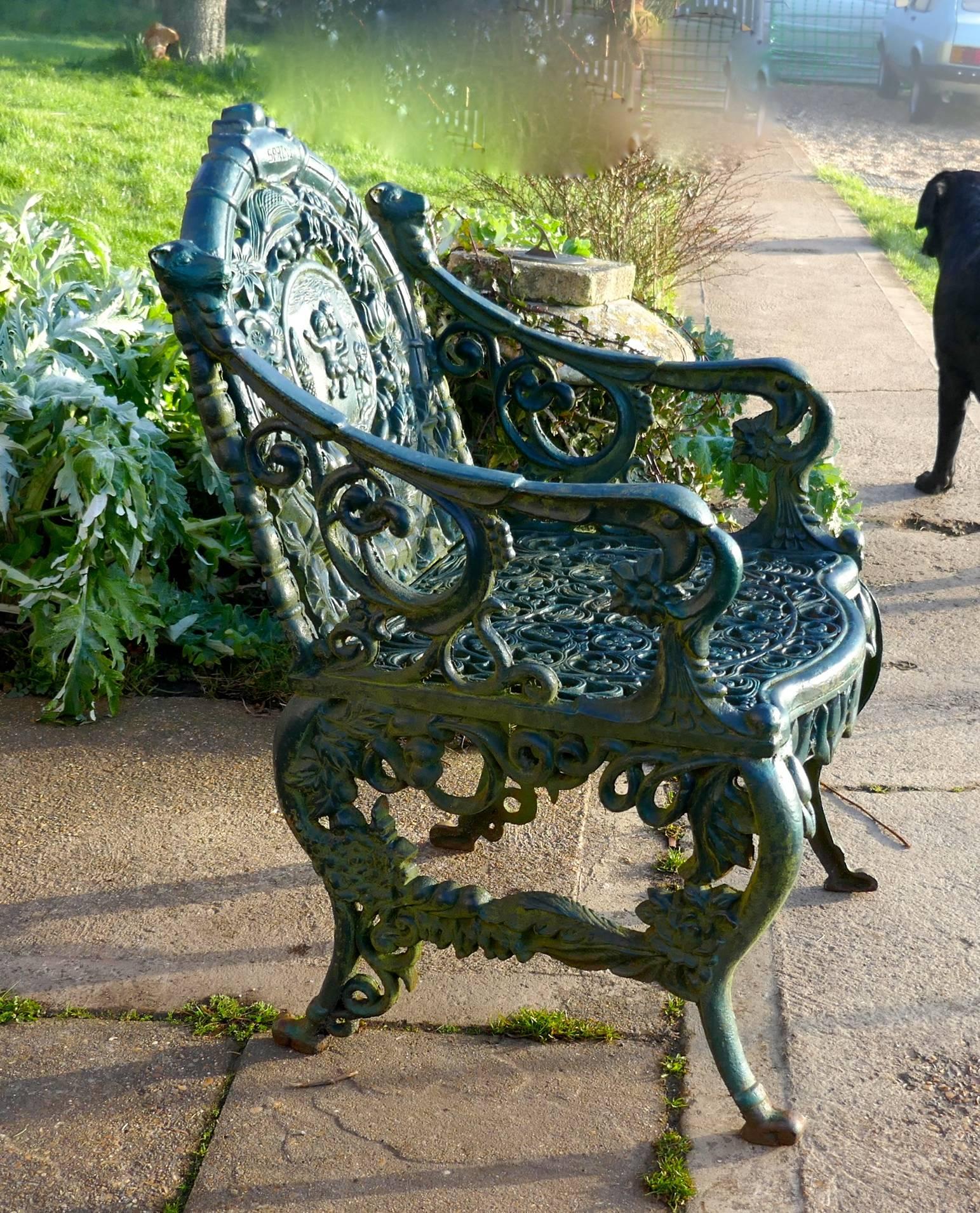 Baroque Set of Four Cast Iron Garden Armchairs, Four Seasons Plaques on the Backs