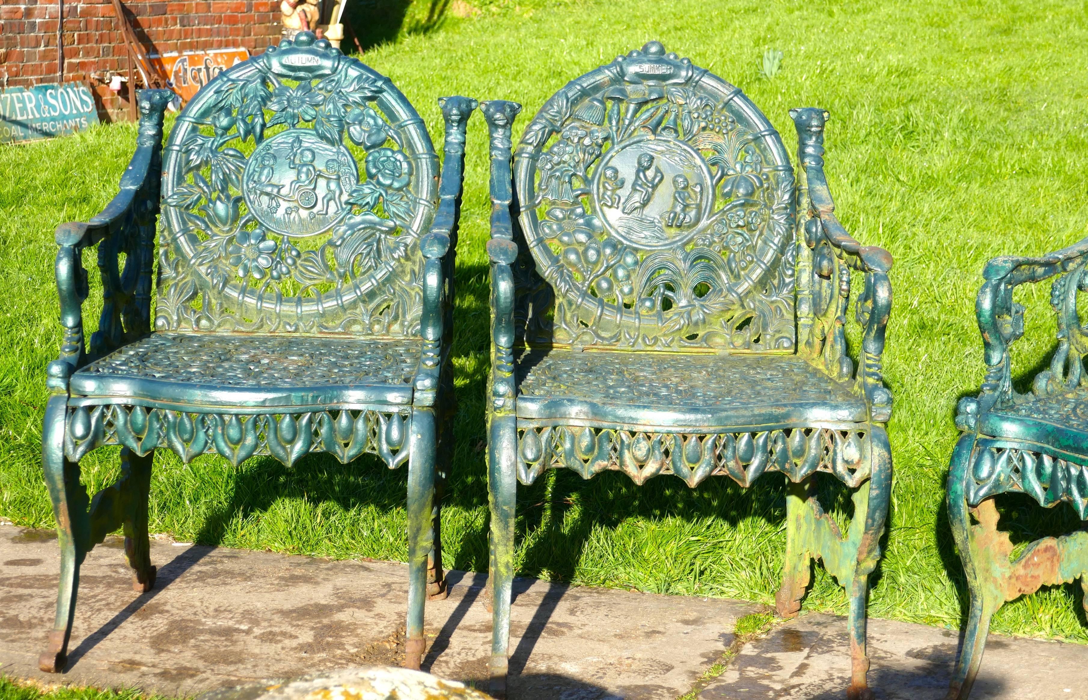 Set of Four Cast Iron Garden Armchairs, Four Seasons Plaques on the Backs In Good Condition In Chillerton, Isle of Wight