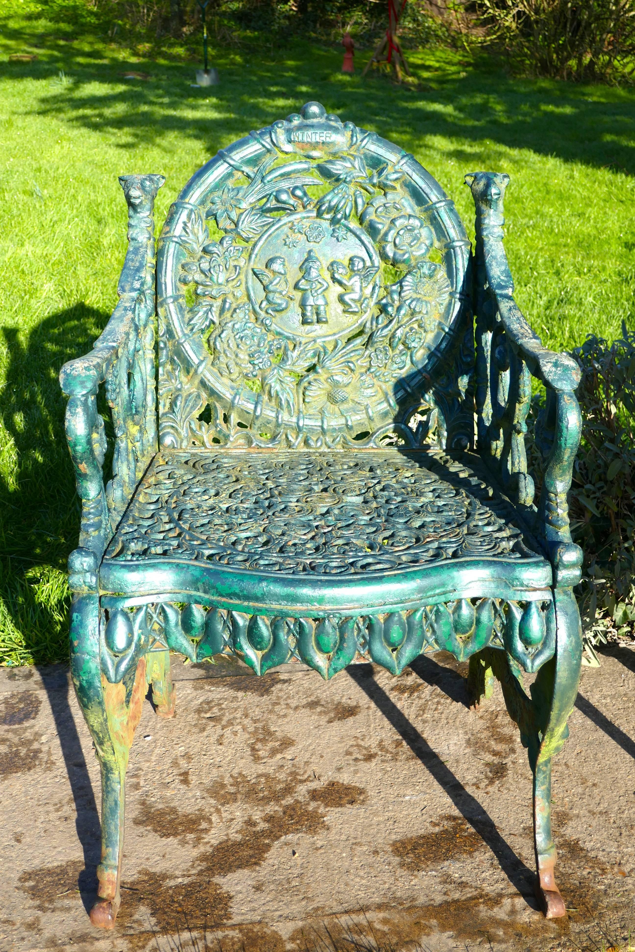 Set of Four Cast Iron Garden Armchairs, Four Seasons Plaques on the Backs 1