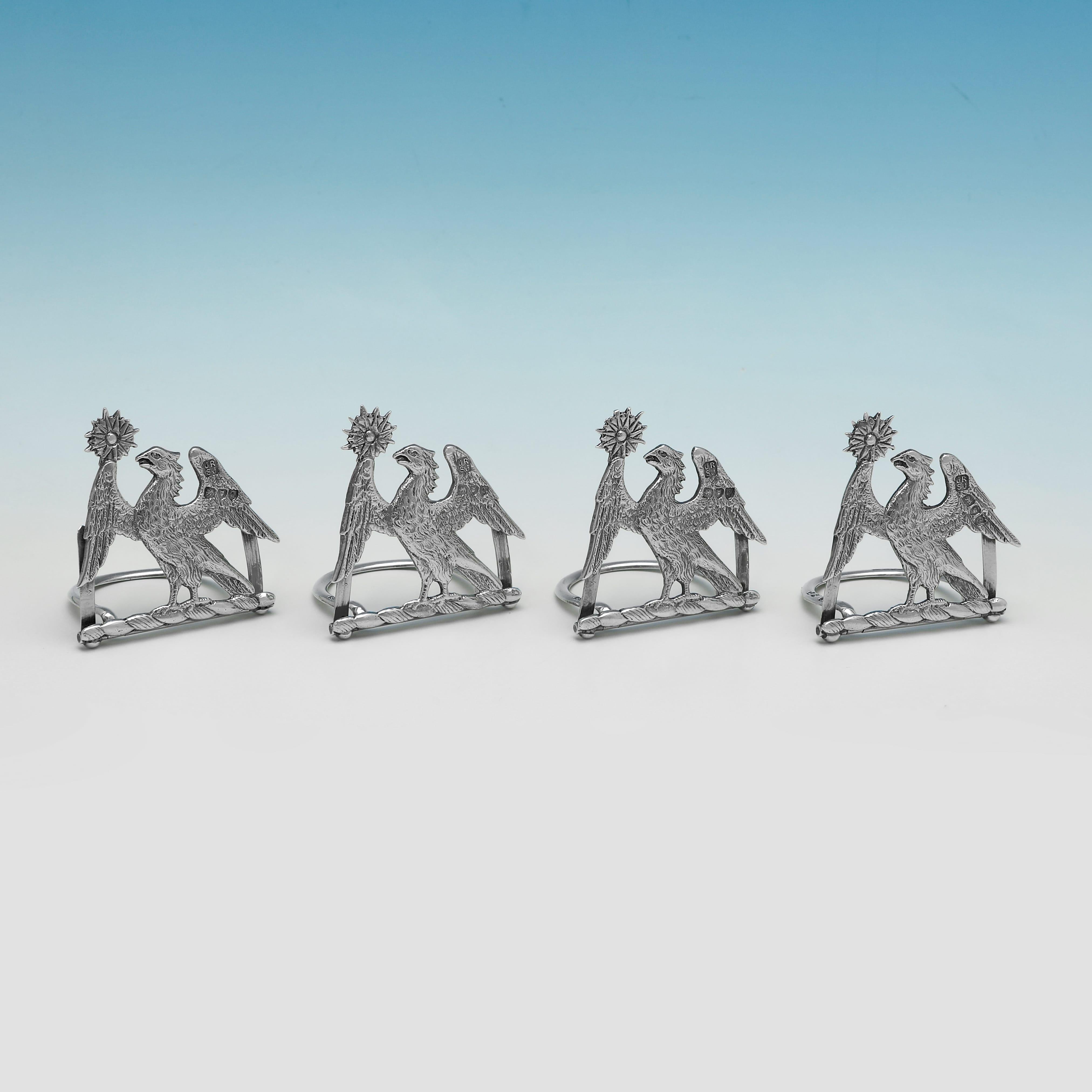 Hallmarked in London in 1891 by Judah Rosenthal & Samuel Jacob, this attractive, Victorian, Antique Sterling Silver Set of 4 Menu Holders, are modelled as crests and are presented in their original box. Each menu holder measures 1.75