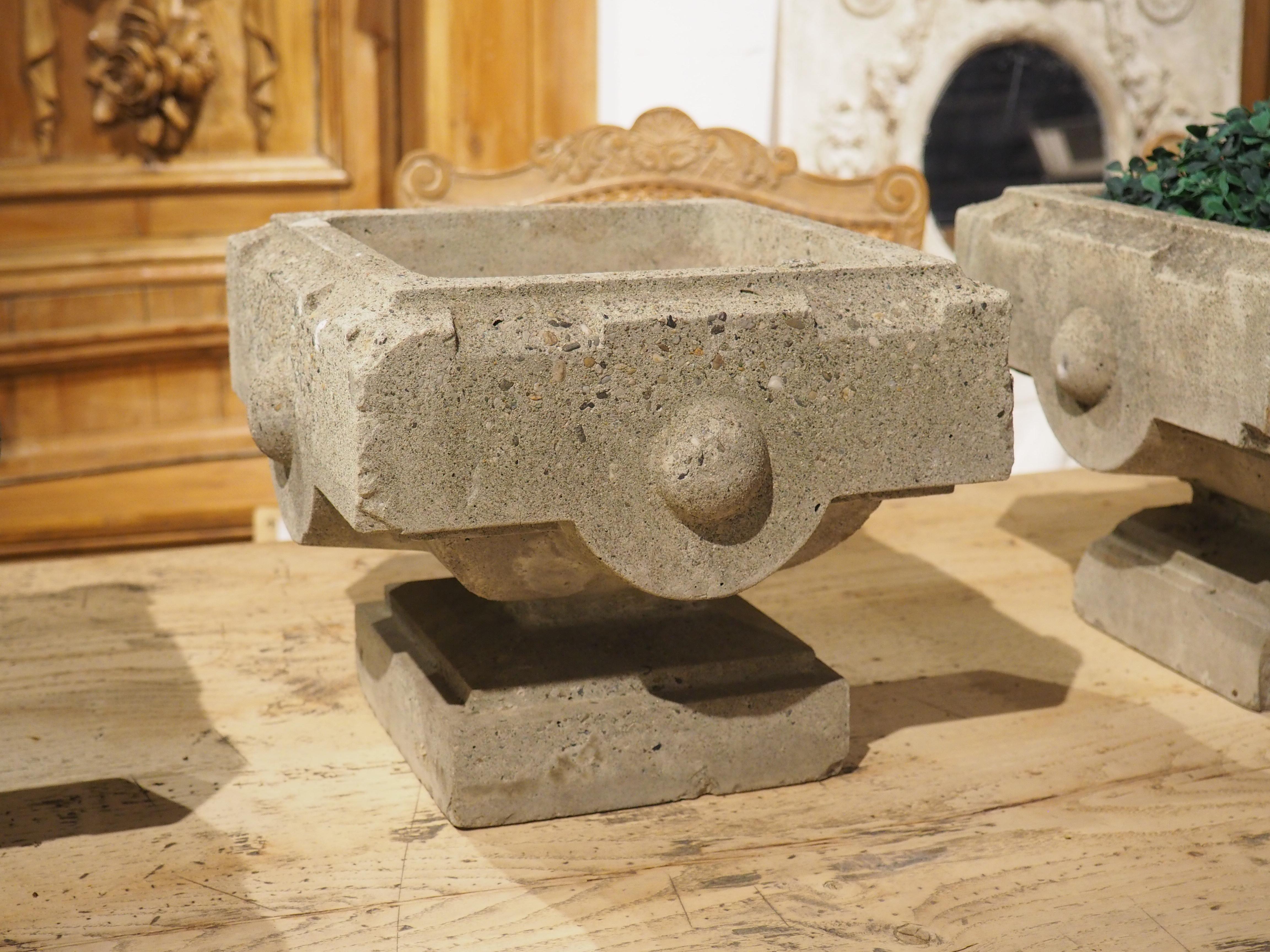 More information coming soon…

A set of four cast stone jardinieres from circa 1950.  Found in the North of France, the jardinieres have a very unique form, accentuated by various levels of lichen accumulation and wear.
