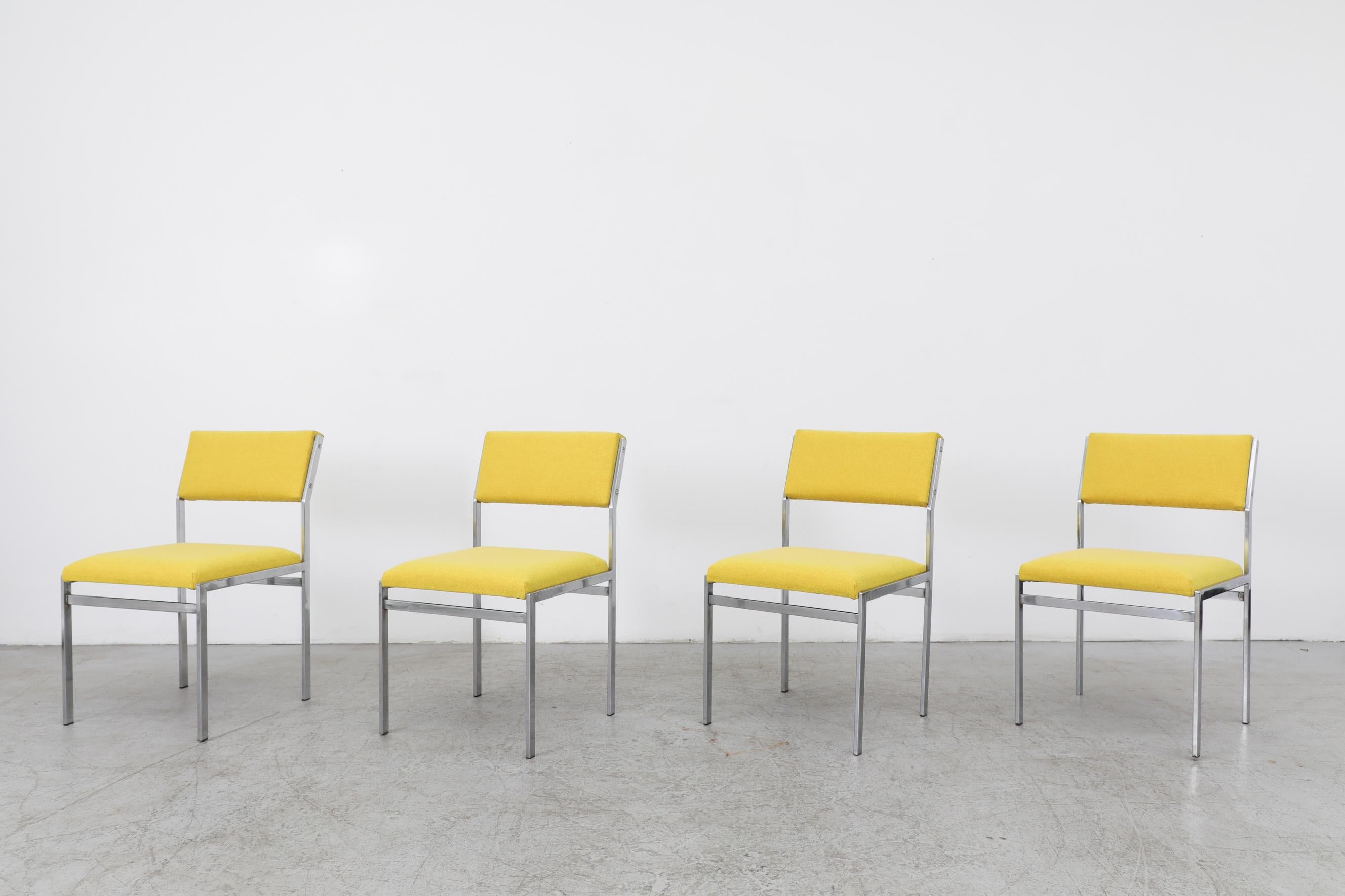 Set of 4 Cees Braakman chairs for Pastoe with newly upholstered sunshine yellow seats and chrome frames. Frames are in original condition with some minor scratches and wear, consistent with their age and use.