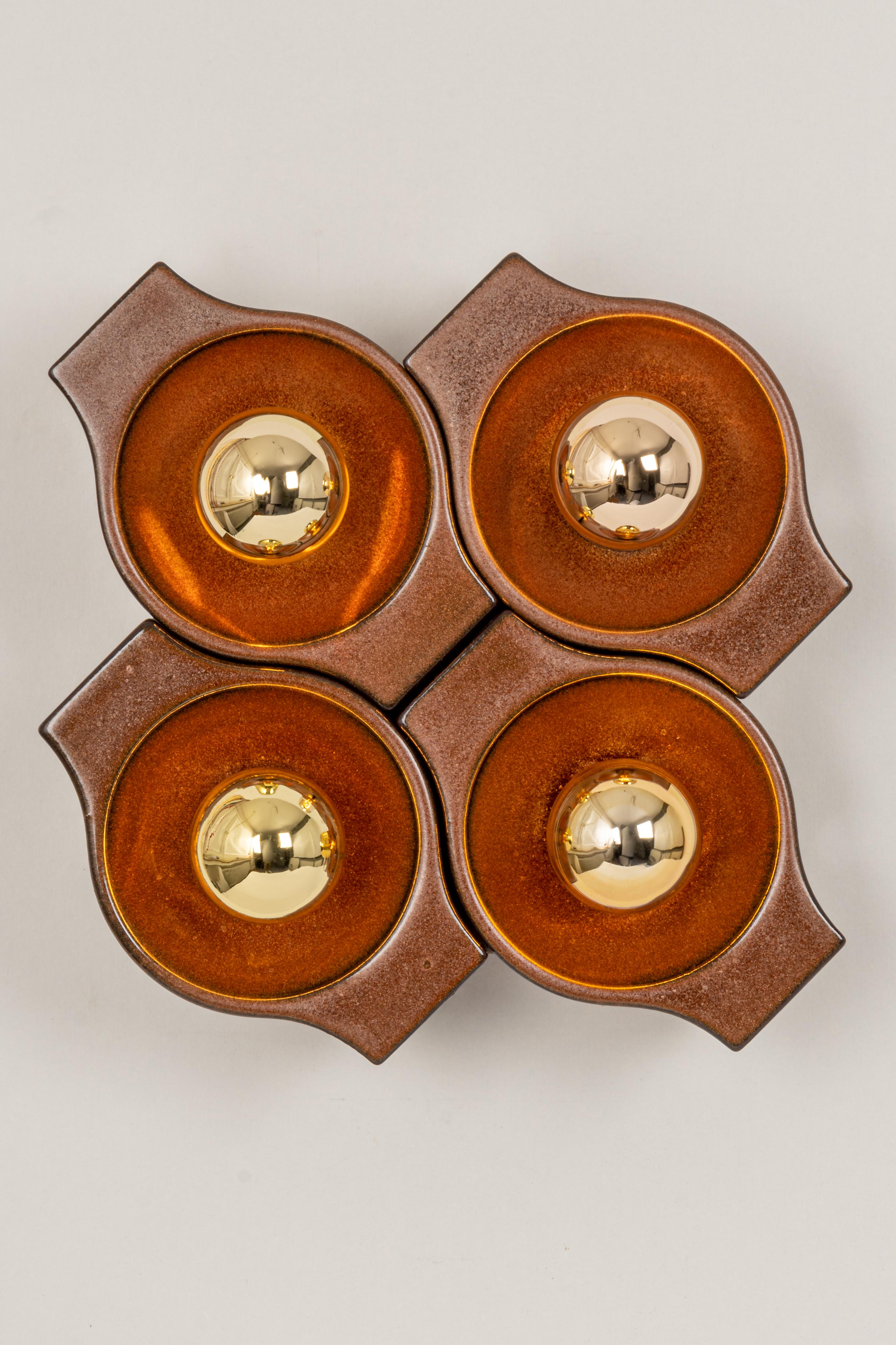 Mid-Century Modern Set of 4 Ceramic Brown Wall Light Sputnik, Germany, 1970s For Sale