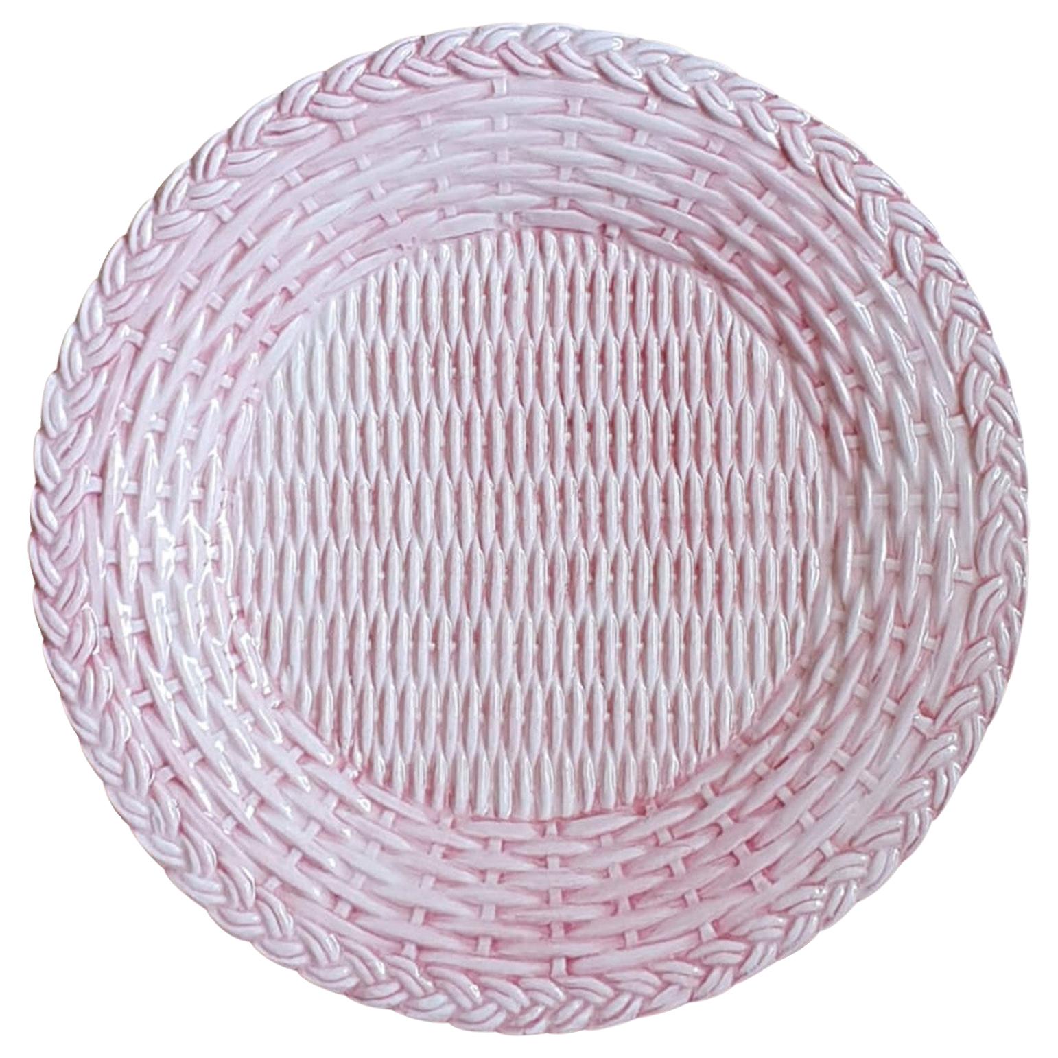 Set of 4 Ceramic Dessert Wicker Pink Plates Made in Italy