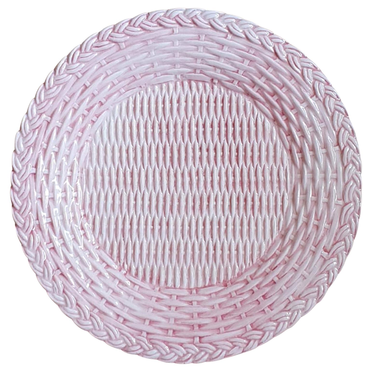 Set of 4 Ceramic Dinner Wicker Pink Plates Made in Italy