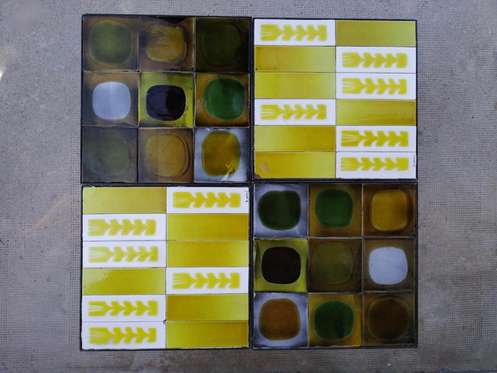 Decorative set of 4 ceramic tiles side or coffee table by Roger Capron, France 1950s
Black painted steel frame. Some damages on the yellow tables ( pictures )
dimensions of each table : H 31 x L 31 x D 31 cm
Each table signed R. Capron