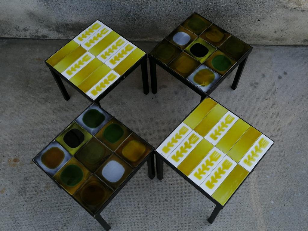 Set of 4 Ceramic Tiles Side or Coffee Table by Roger Capron, France Ca. 1950s In Fair Condition For Sale In Geneva, CH