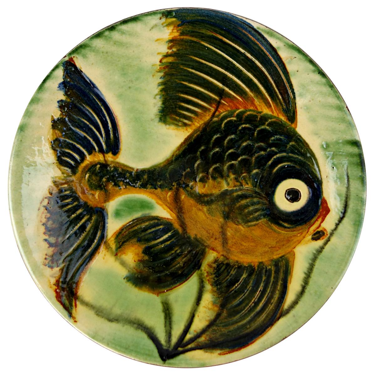 20th Century Set of 4 Ceramic Wall Plates with Fish Decor Signed by Spanish Maker Puigdemont