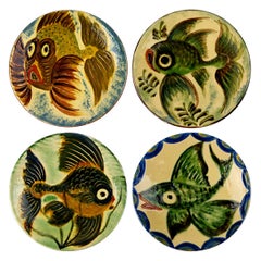 Set of 4 Ceramic Wall Plates with Fish Decor Signed by Spanish Maker Puigdemont