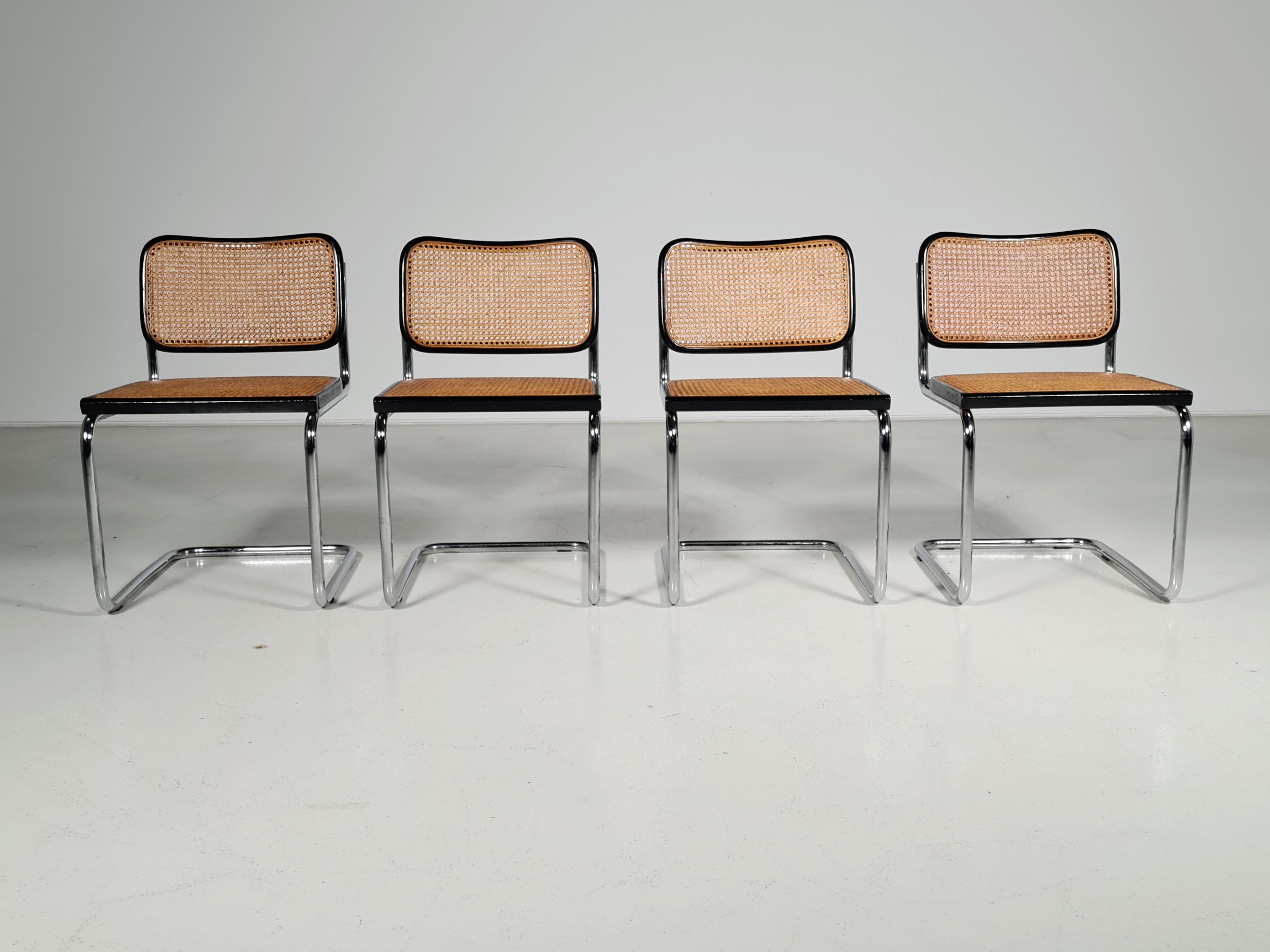 Cescar chairs, Marcel Breuer, Gavina, 1970

Set of 4 Cesca chairs designed in 1928 by Marcel Breuer, using tubular steel. It was named Cesca as a tribute to Breuer’s adopted daughter Francesca. These chairs are produced by Gavina in the 1970s.