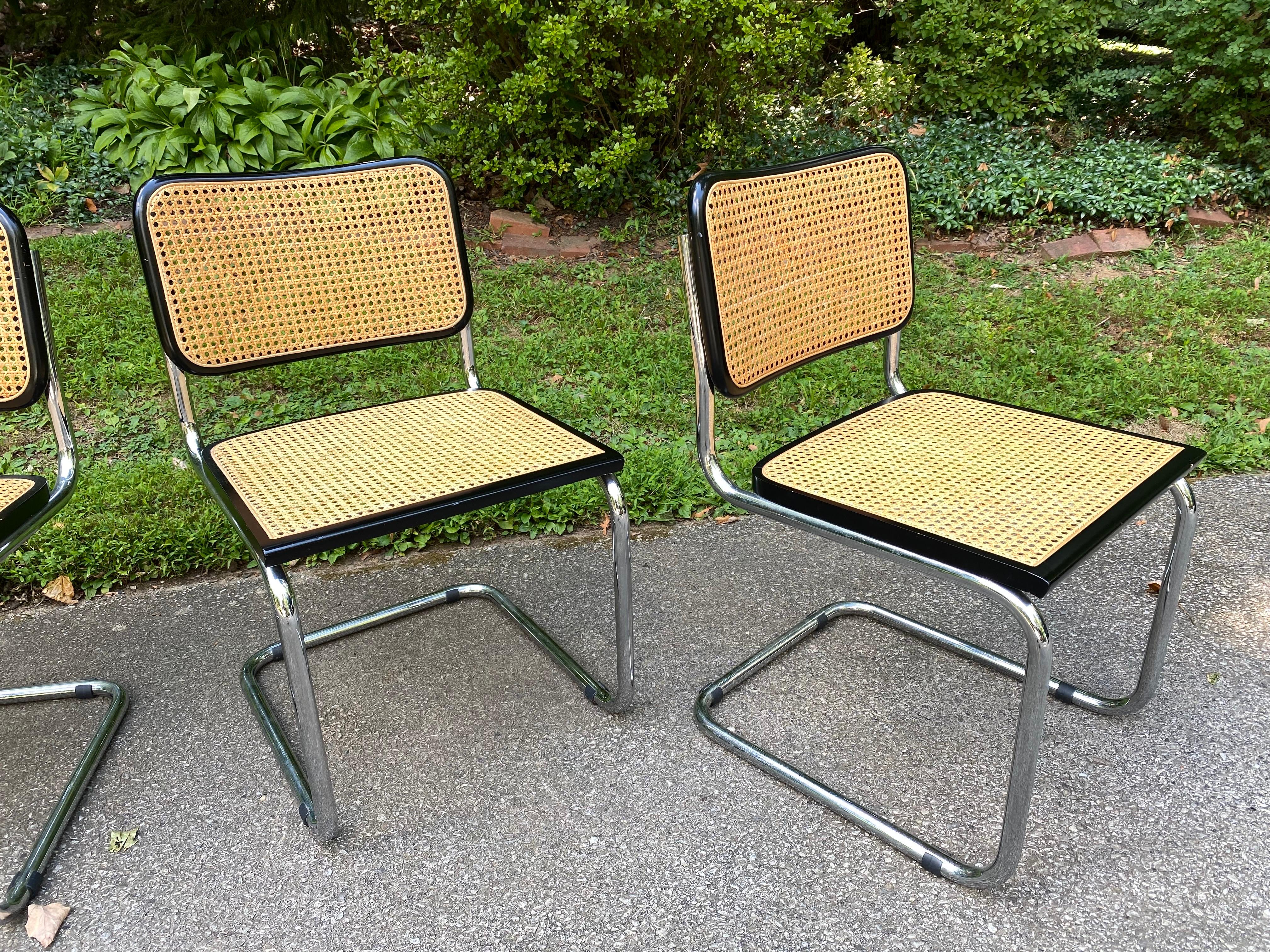 Set of very clean Cesca chairs designed by Marcel Breuer. Black wood frames, caning and very clean chrome! Chairs probably date to late 70's or early 80's.