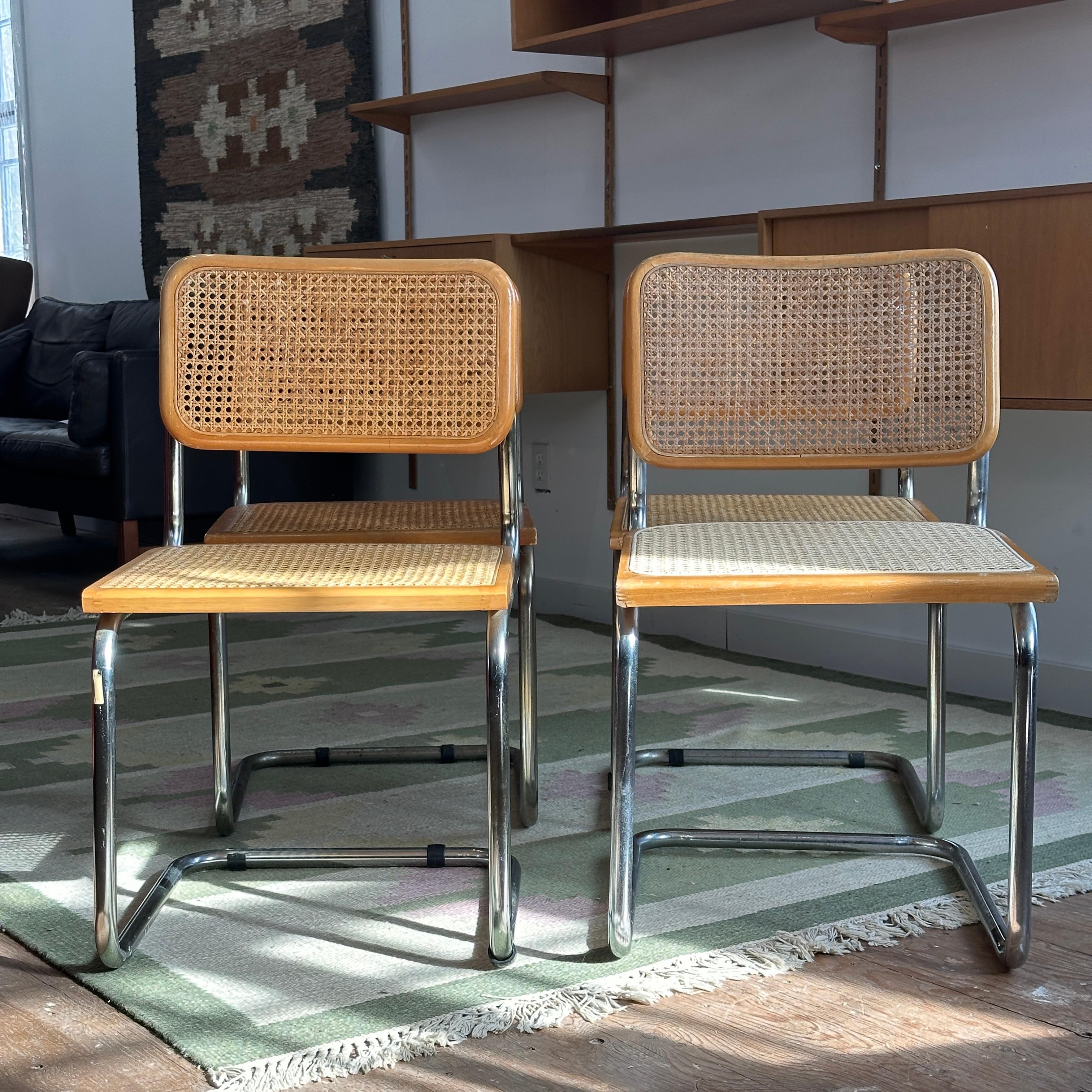 Condition: Great Vintage Condition

Dimensions: 18.25” L x 20” D x 32” H (17.5” SH)

Description: A vintage set of 4 Cesca chairs. 2/4 chairs are authentic - remaining 2 are likely reproductions. Freshly imported from Denmark. Made in Italy.

Price