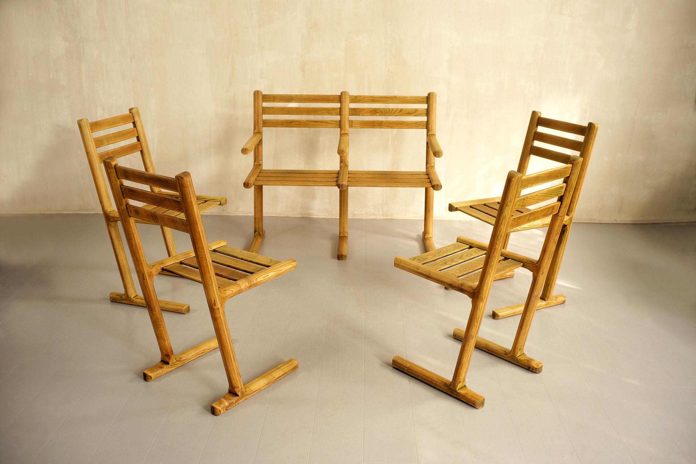 Set of 4 Chairs and 1 Wooden Bench, France, 1960 For Sale 6