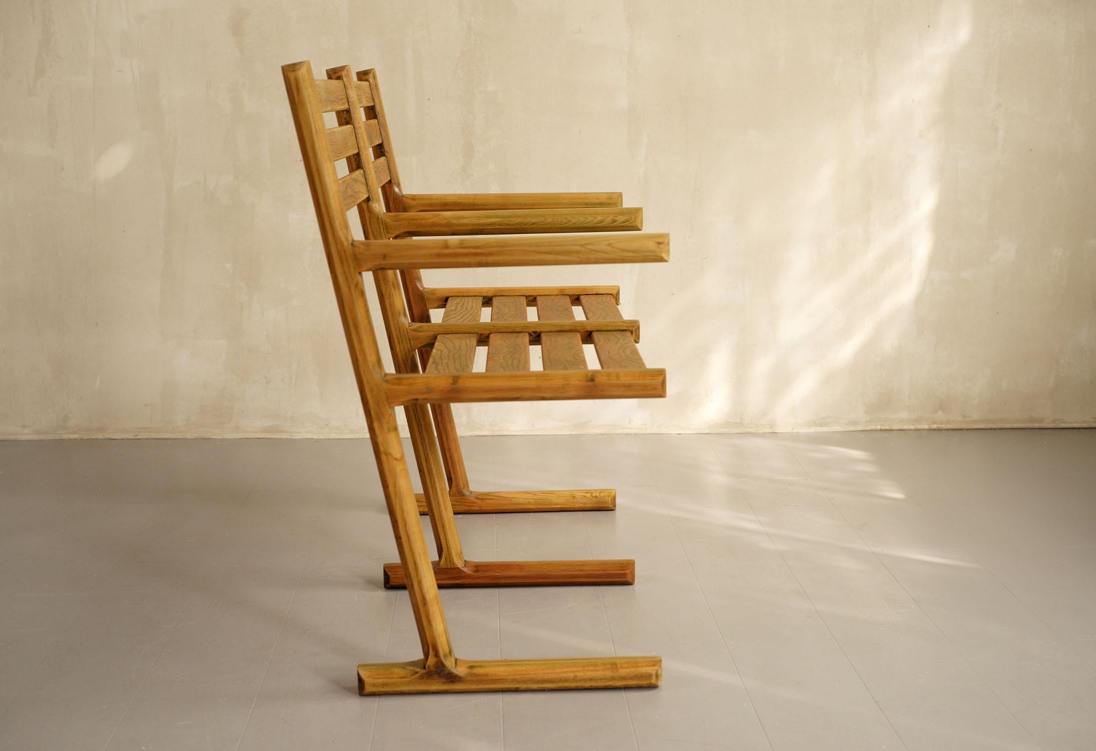 French Set of 4 Chairs and 1 Wooden Bench, France, 1960 For Sale
