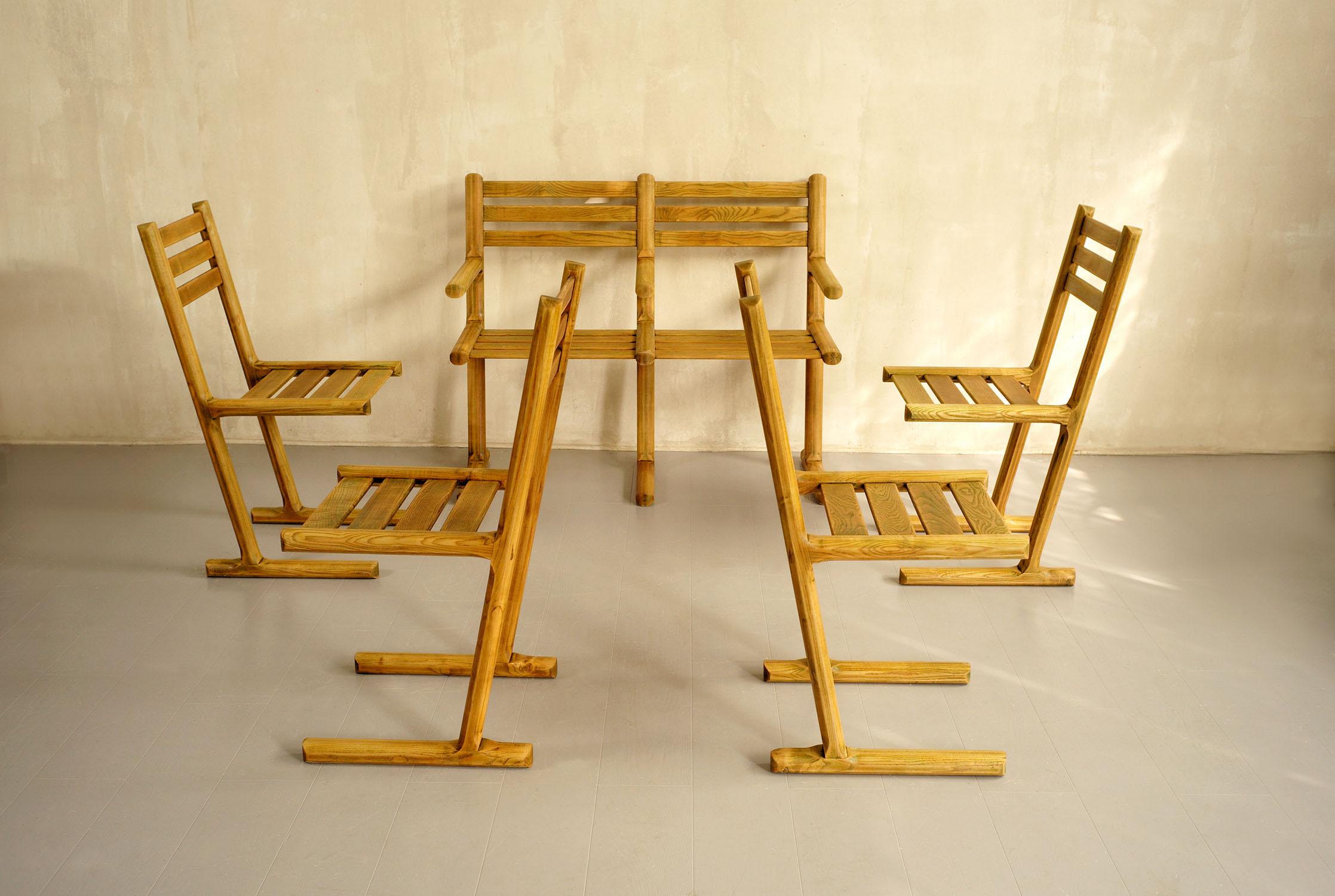 Set of 4 Chairs and 1 Wooden Bench, France, 1960 For Sale 3