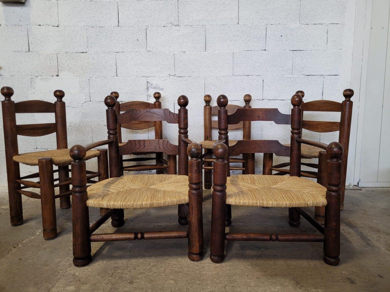 Mid-20th Century Set of 4 Chairs and 2 Armchairs Charles Dudouyt 1940