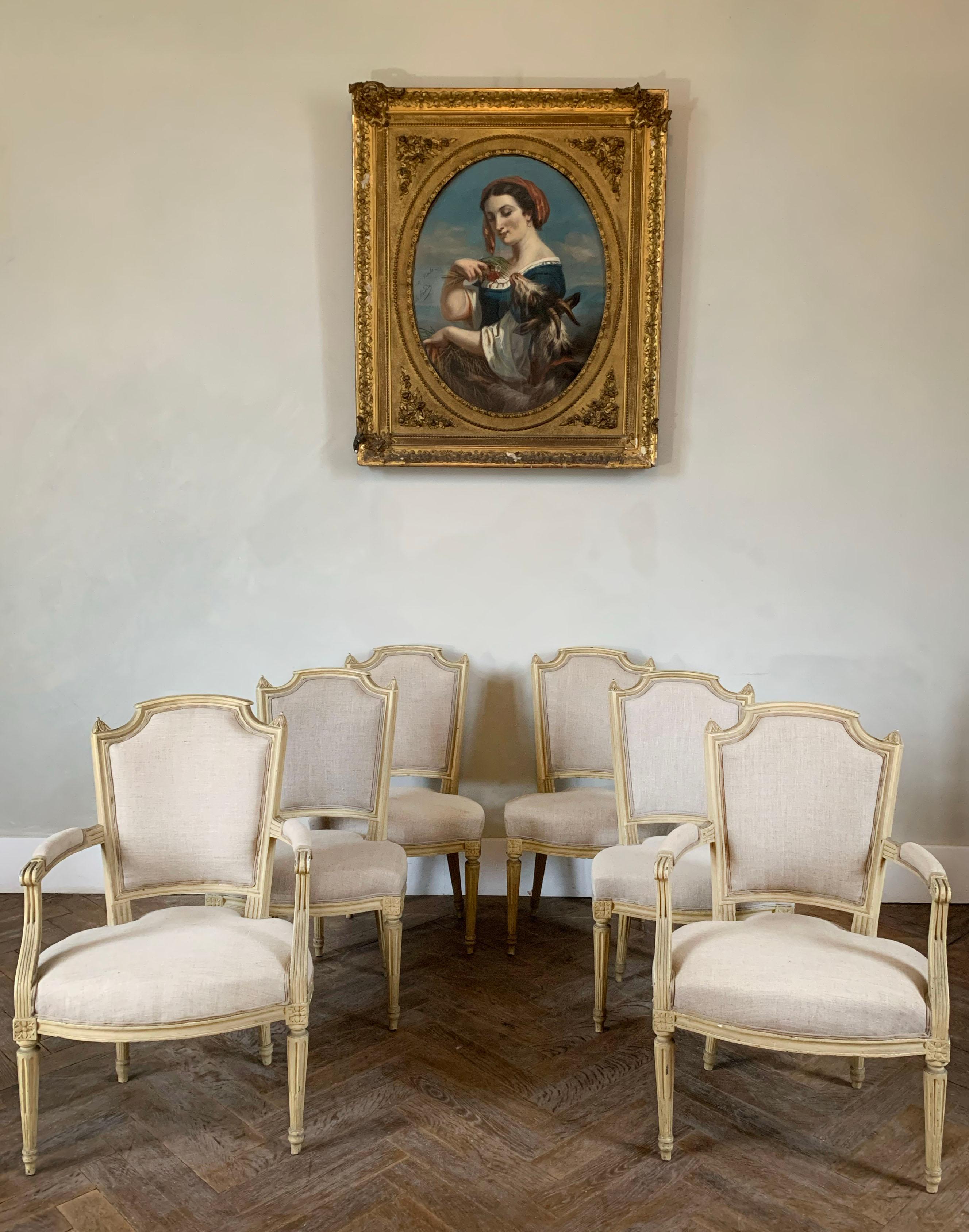 French Set of 4 Chairs and 2armchairs Linen - Louis XV Style - 19th France For Sale 10