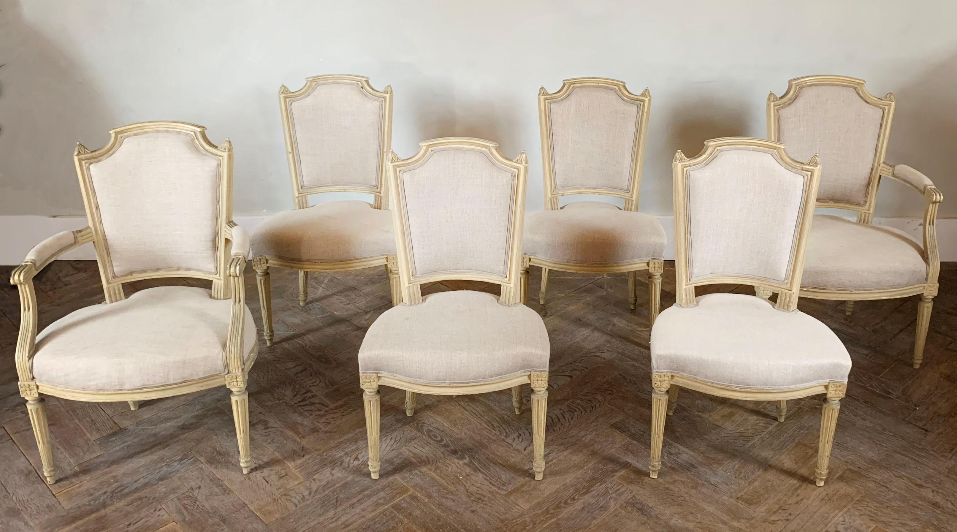 French Set of 4 Chairs and 2armchairs Linen - Louis XV Style - 19th France For Sale 11