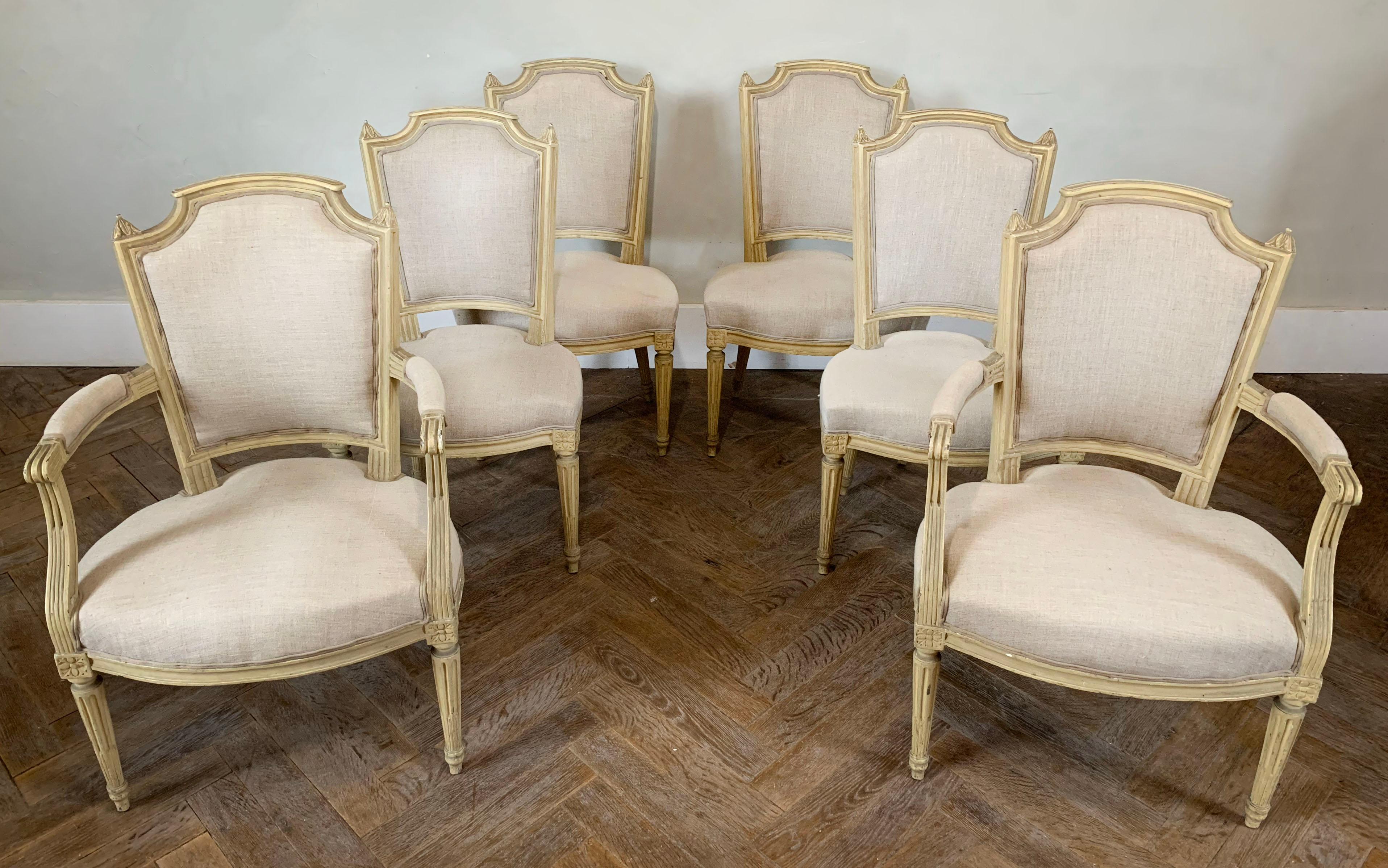French Set of 4 Chairs and 2armchairs Linen - Louis XV Style - 19th France For Sale 12