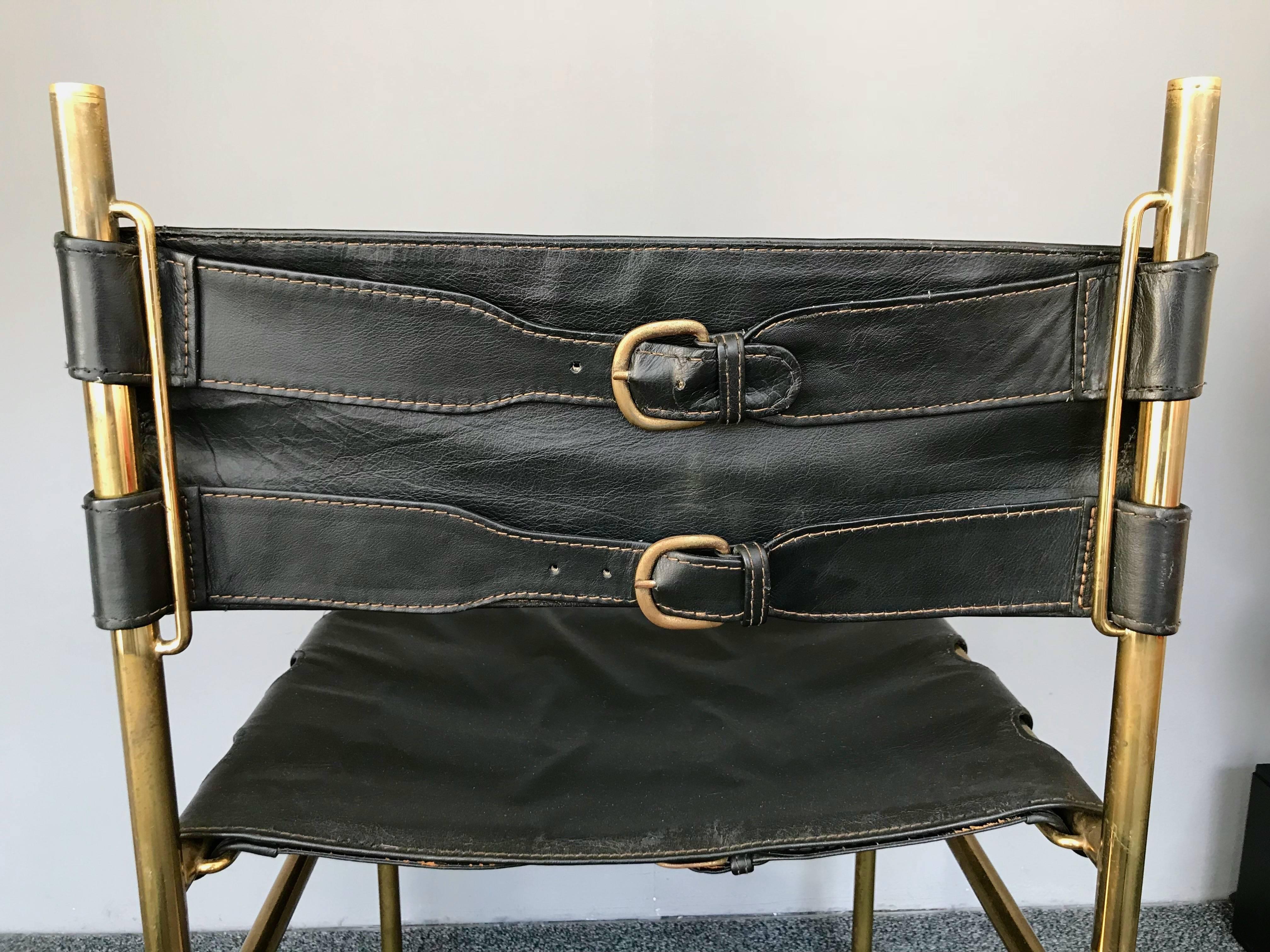 Mid-Century Modern Pair of Chair Brass and Leather by Frigerio, Italy, 1970s