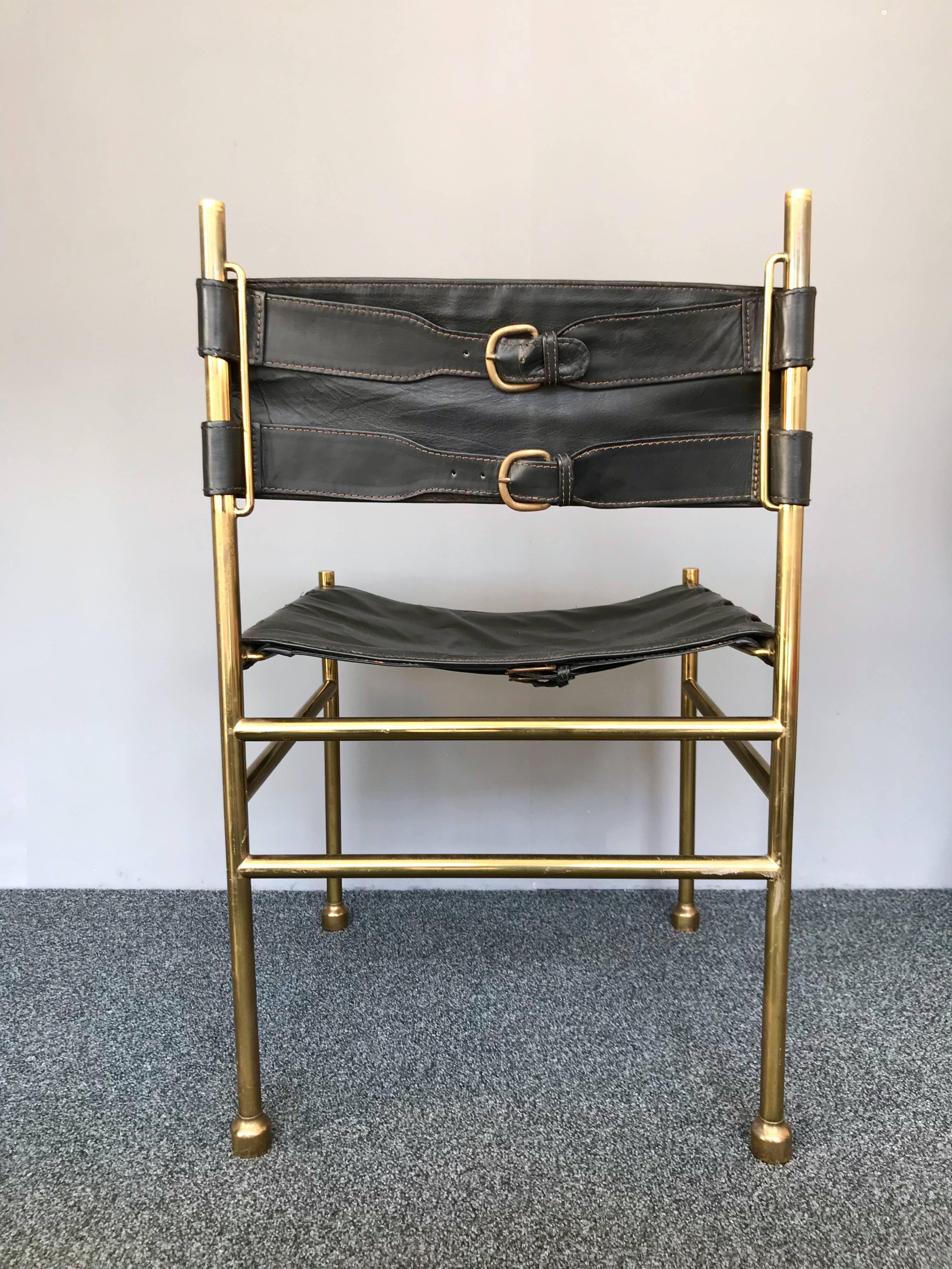 Pair of Chair Brass and Leather by Frigerio, Italy, 1970s In Good Condition In SAINT-OUEN, FR
