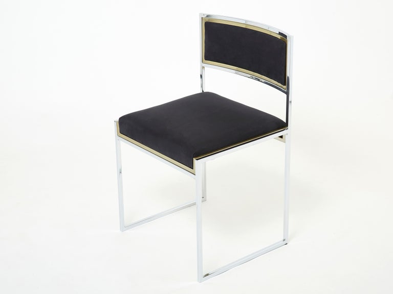 Set of 4 Chairs Brass Chrome Black Alcantara by Willy Rizzo, 1970s 4