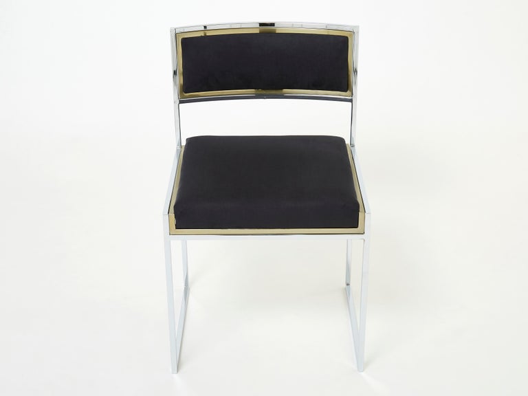 Set of 4 Chairs Brass Chrome Black Alcantara by Willy Rizzo, 1970s 5