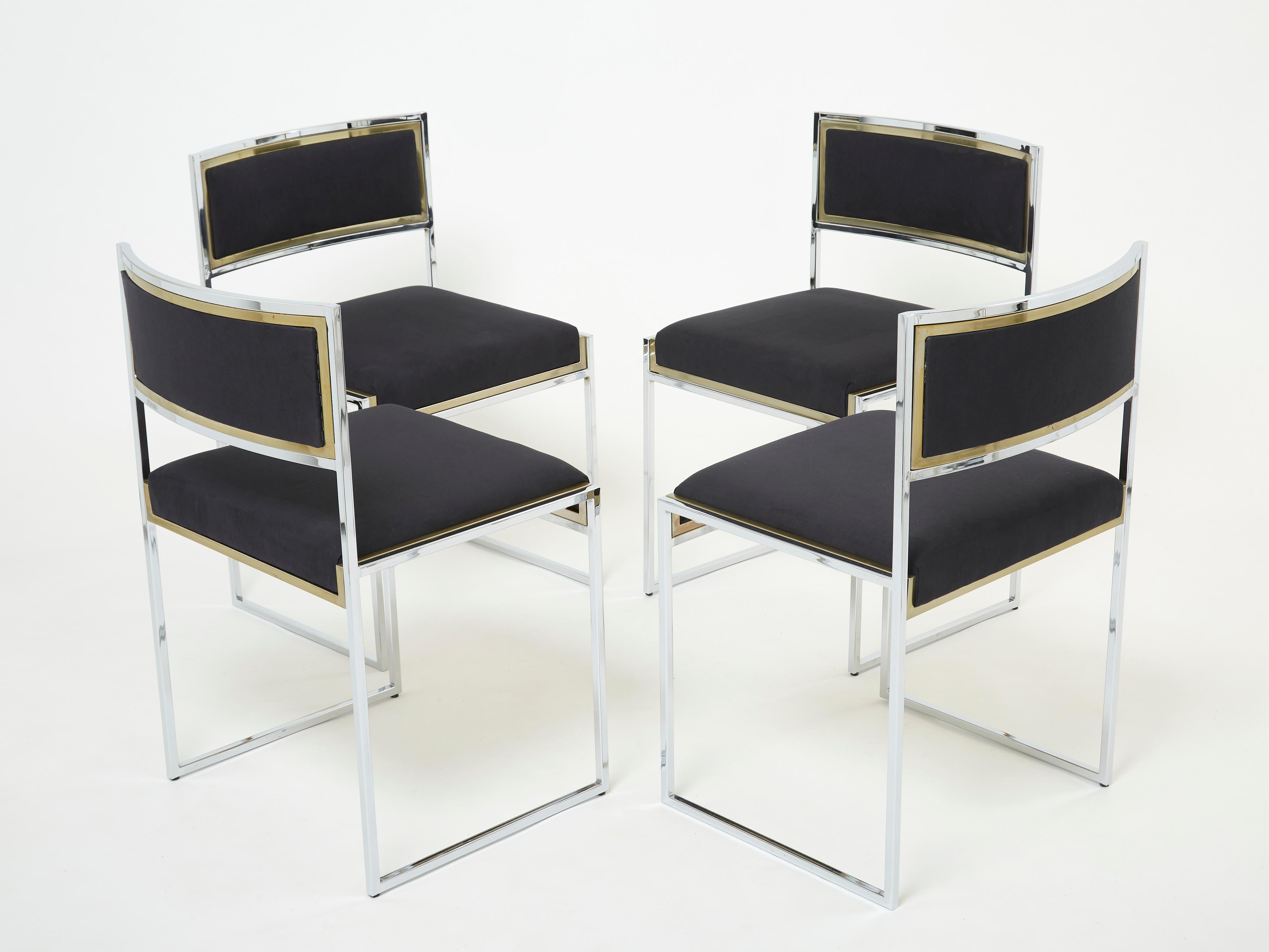 Mid-Century Modern Set of 4 Chairs Brass Chrome Black Alcantara by Willy Rizzo, 1970s
