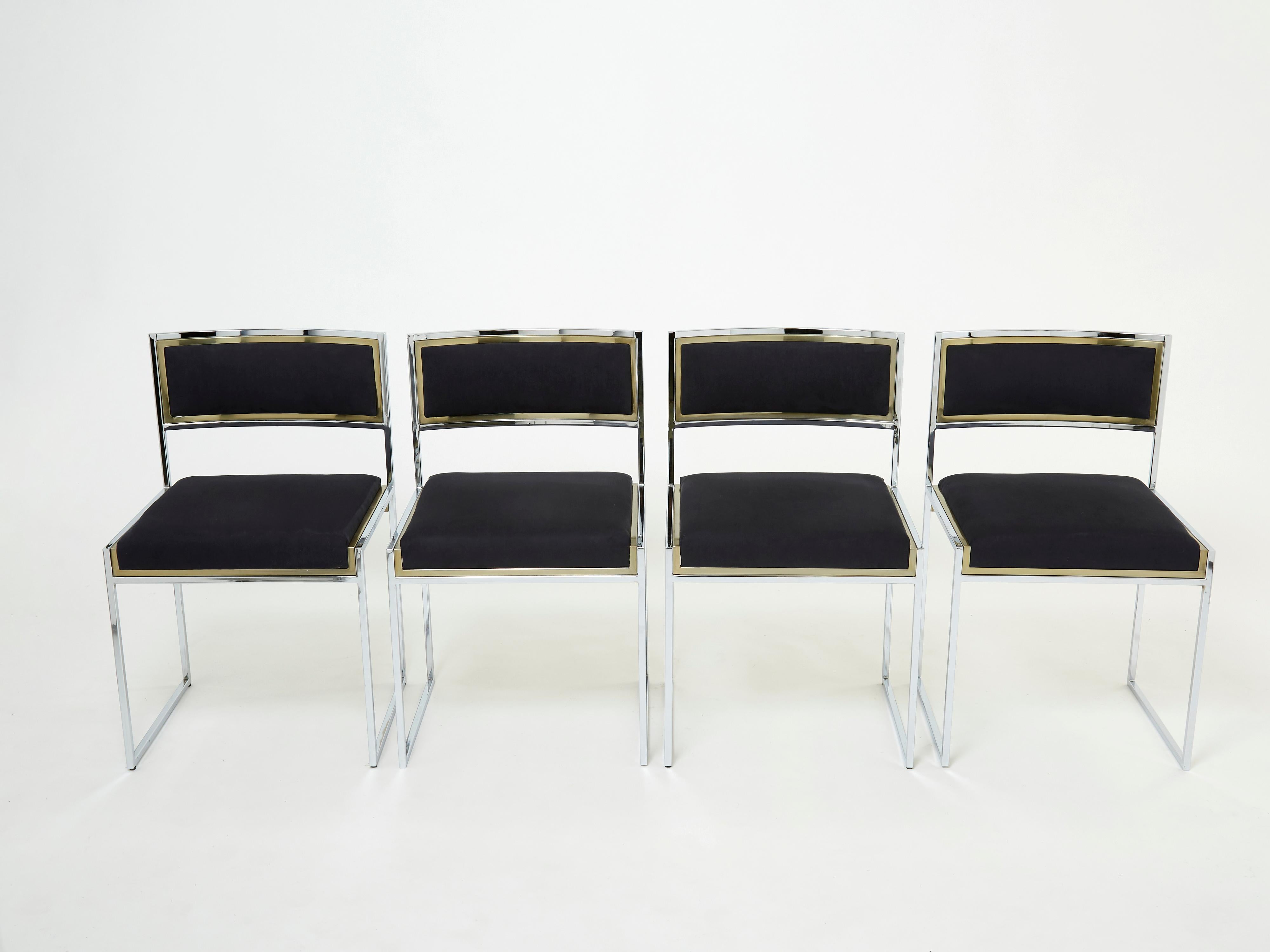 Set of 4 Chairs Brass Chrome Black Alcantara by Willy Rizzo, 1970s In Good Condition In Paris, IDF