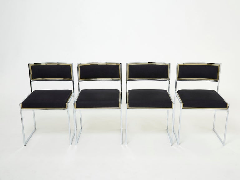 Set of 4 Chairs Brass Chrome Black Alcantara by Willy Rizzo, 1970s In Good Condition In Paris, FR