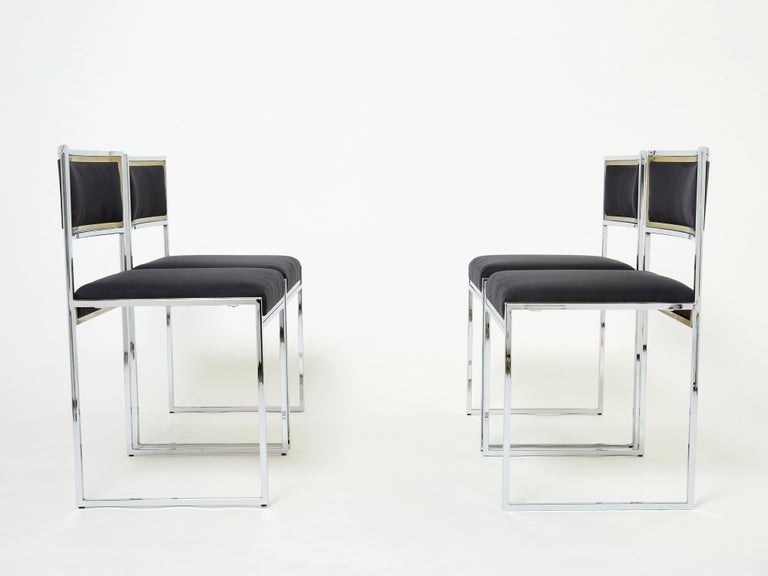 Set of 4 Chairs Brass Chrome Black Alcantara by Willy Rizzo, 1970s 3