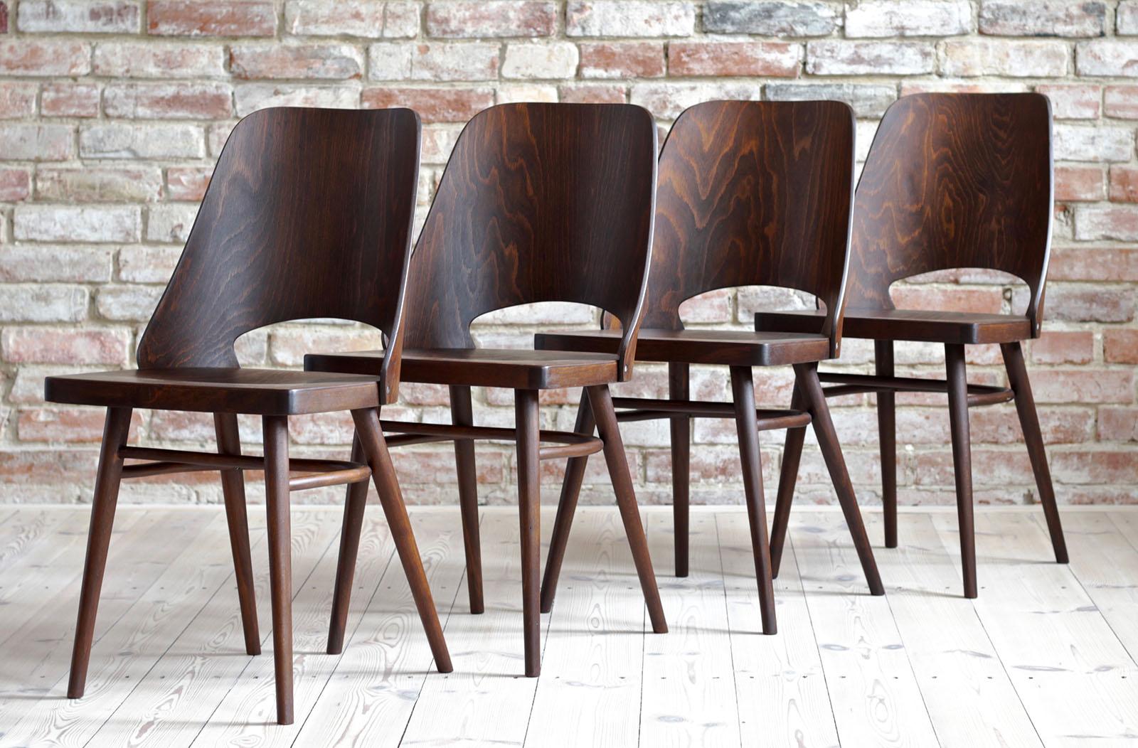 Set of 4 chairs designed by Oswald Haerdtl. The chairs are after complete renovation, have been cleaned, polished and refinished in natural oil which gave them a warm and natural look. They are veneered with beech wood. Beautiful set for a coffee