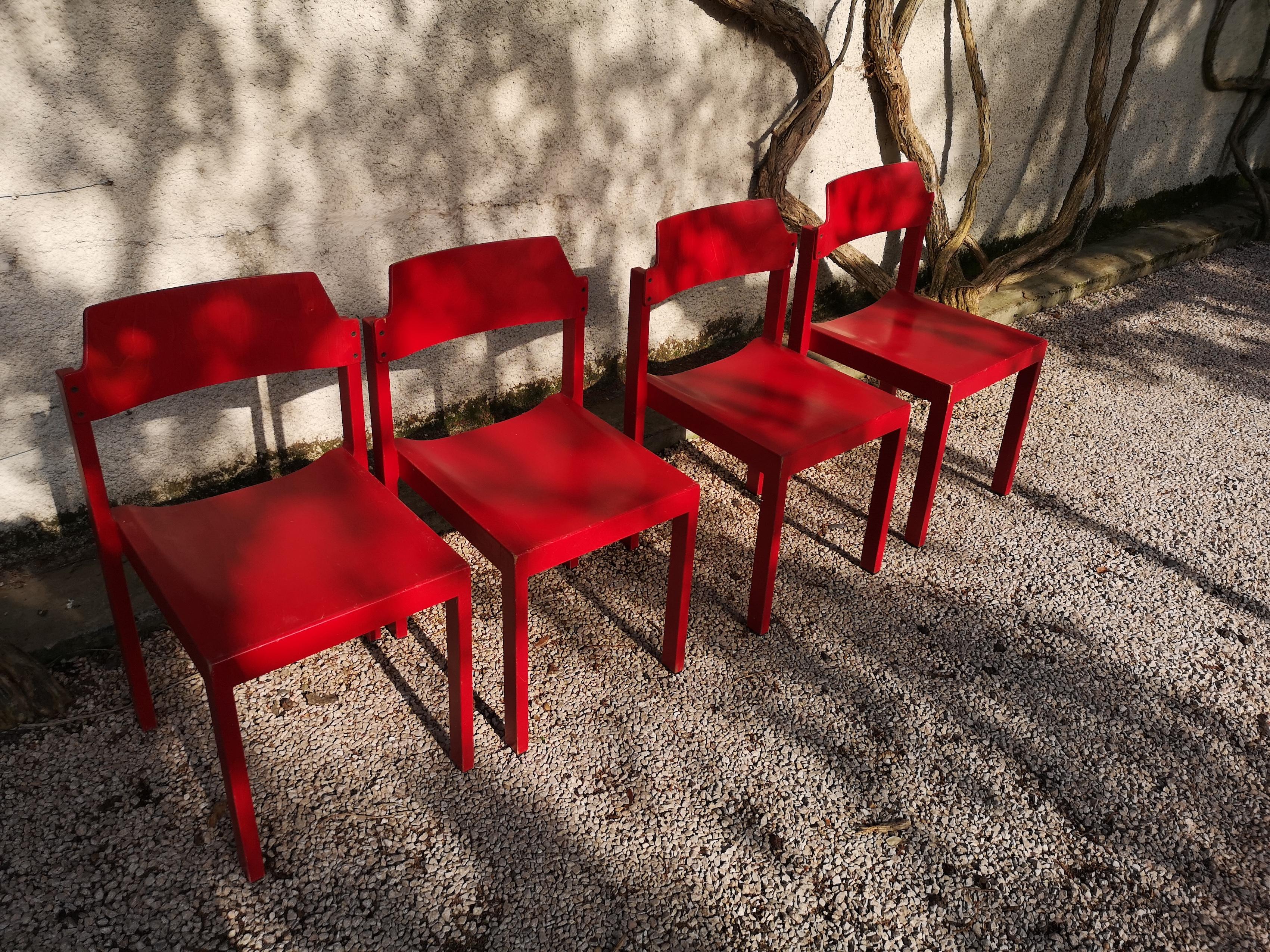 **For Sale: Set of 4 Stackable Chairs by Rainer Schell**

Introducing a stylish and practical set of 4 stackable chairs designed by the renowned Rainer Schell. These chairs are a perfect blend of modern design and functionality, ideal for both home
