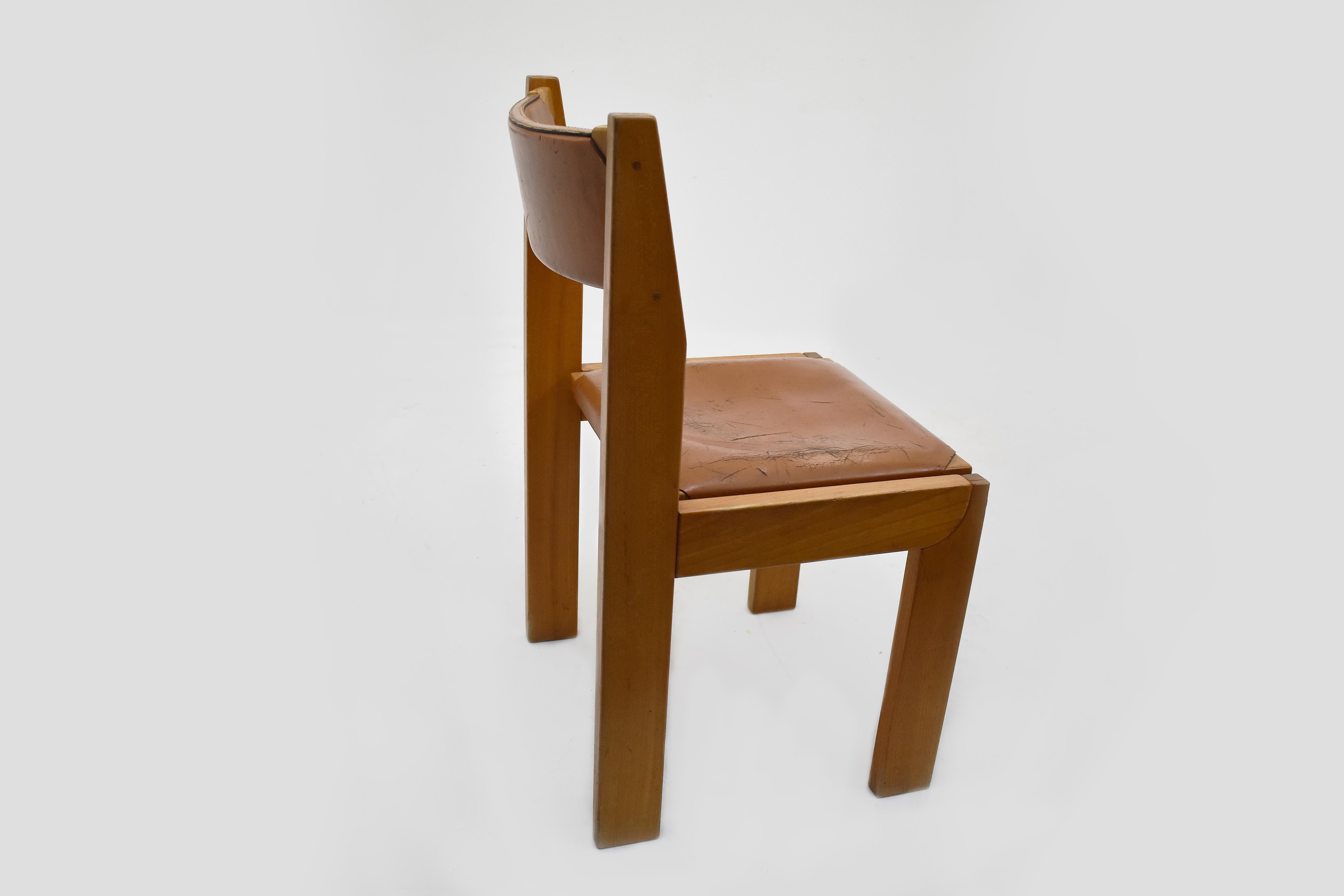 French Set of 4 Chairs by Roche Bobois in Wood and Leather, in the Style of Chapo