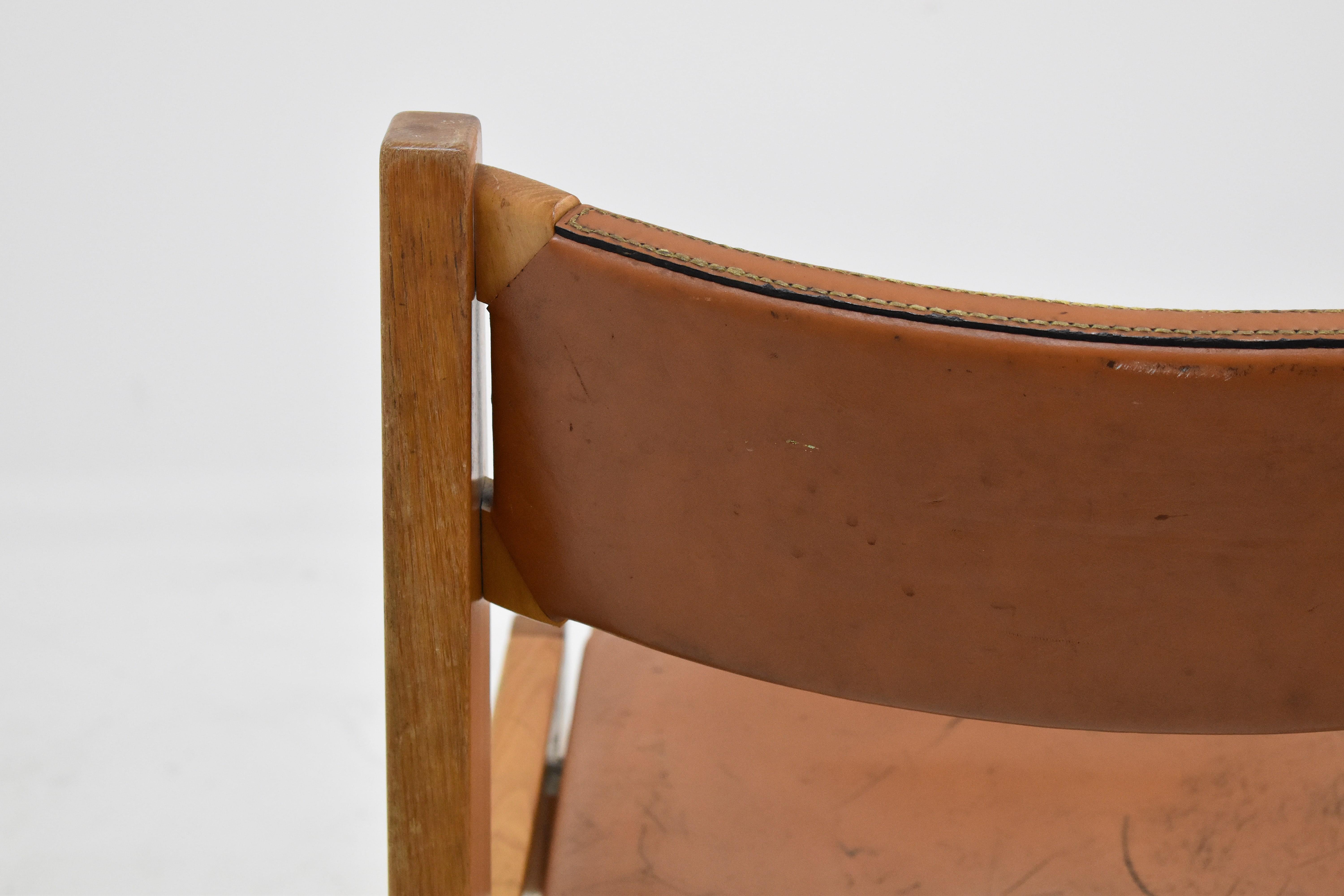 Late 20th Century Set of 4 Chairs by Roche Bobois in Wood and Leather, in the Style of Chapo