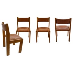 Set of 4 Chairs by Roche Bobois in Wood and Leather, in the Style of Chapo