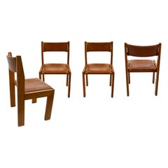 Set of 4 Chairs by Roche Bobois in Wood and Leather, in the Style of Chapo