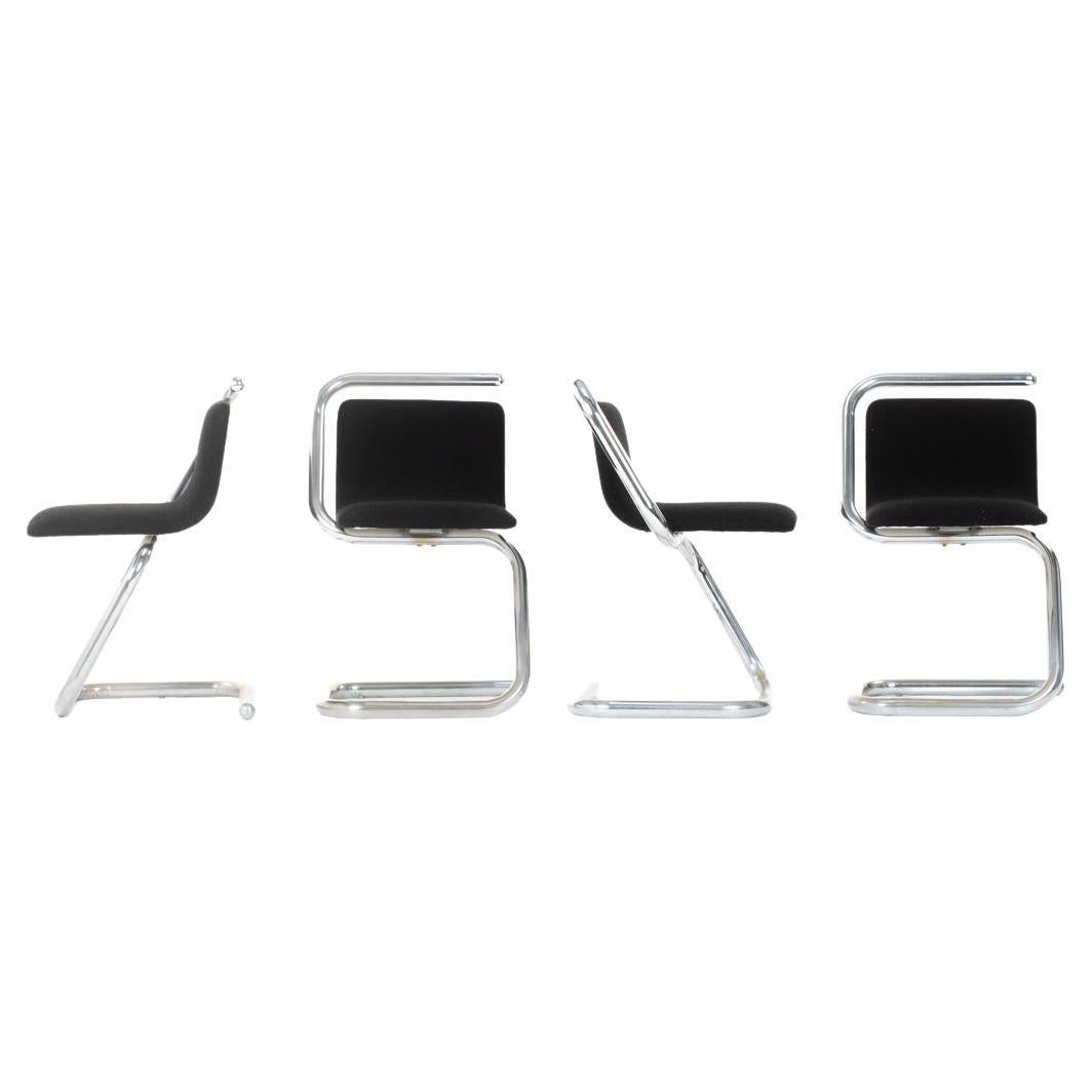 Set of 4 Chairs in Chrome and Black Linen 1970