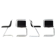 Retro Set of 4 Chairs in Chrome and Black Linen 1970