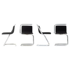 Ensemble de 4 chaises en chrome et lin noir, 1970