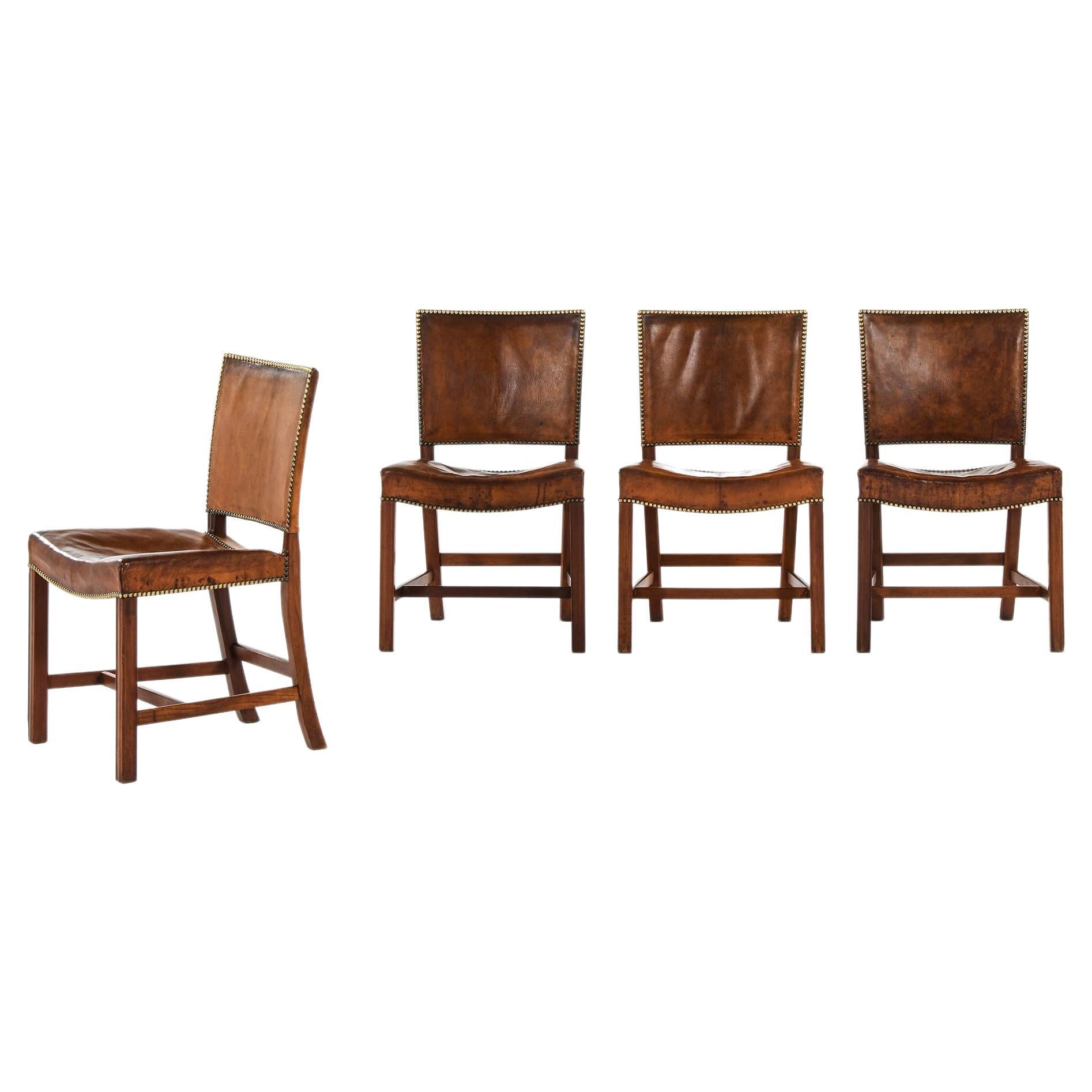 Set of 4 Chairs in Mahogany and Leather by Kaare Klint Dining, 1930s For Sale