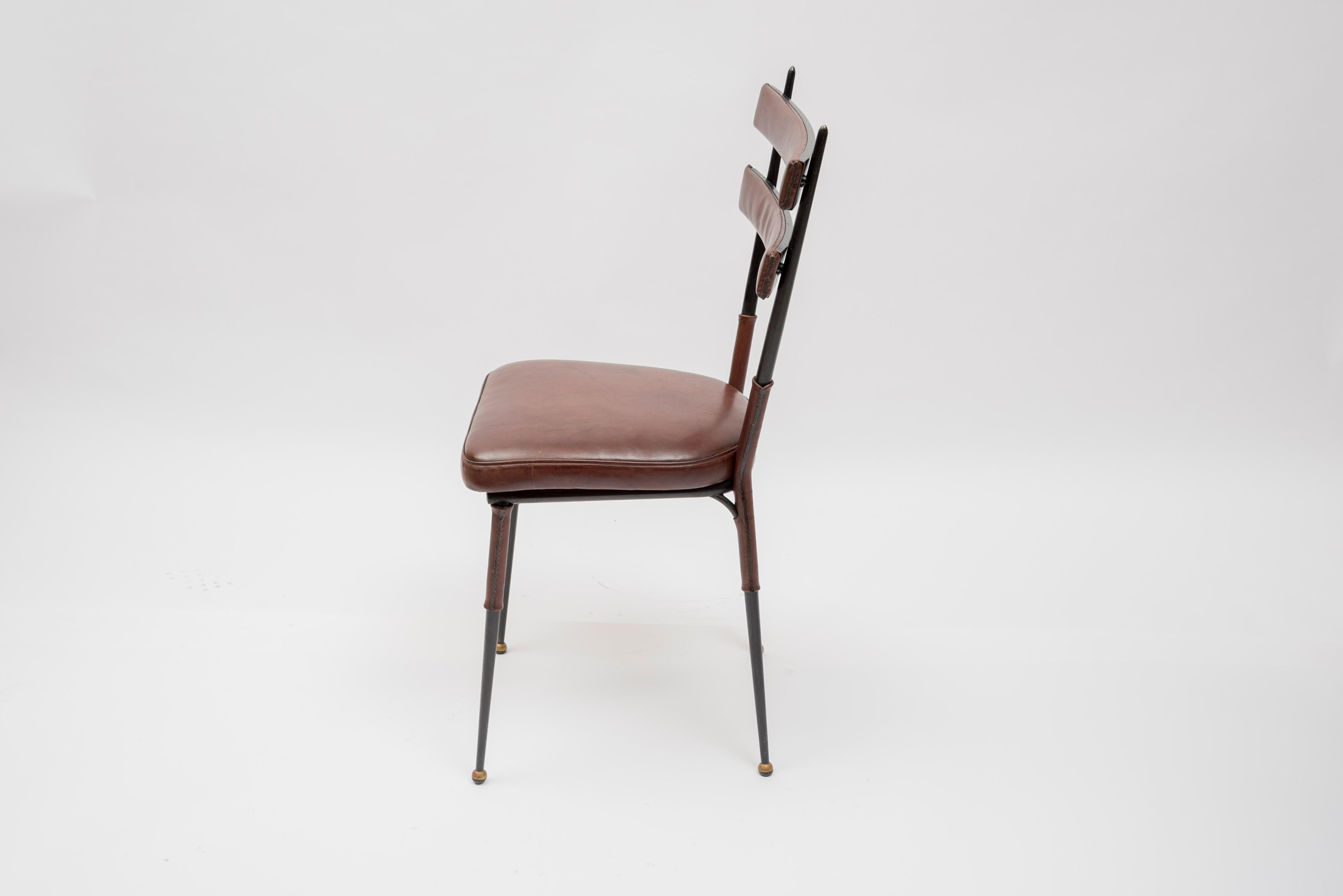 Mid-20th Century Set of 4 Chairs in Stitched Leather by Jacques Adnet For Sale