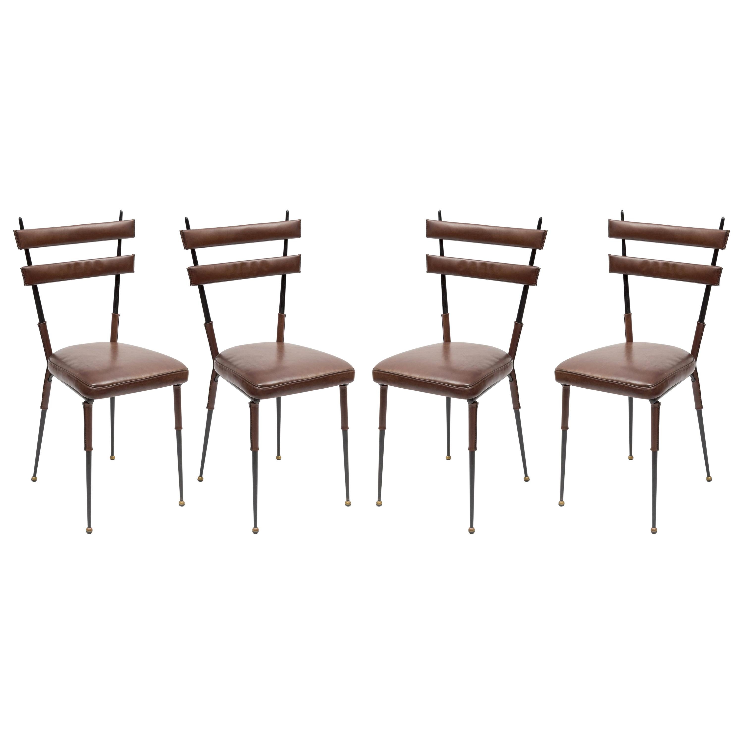 Set of 4 Chairs in Stitched Leather by Jacques Adnet
