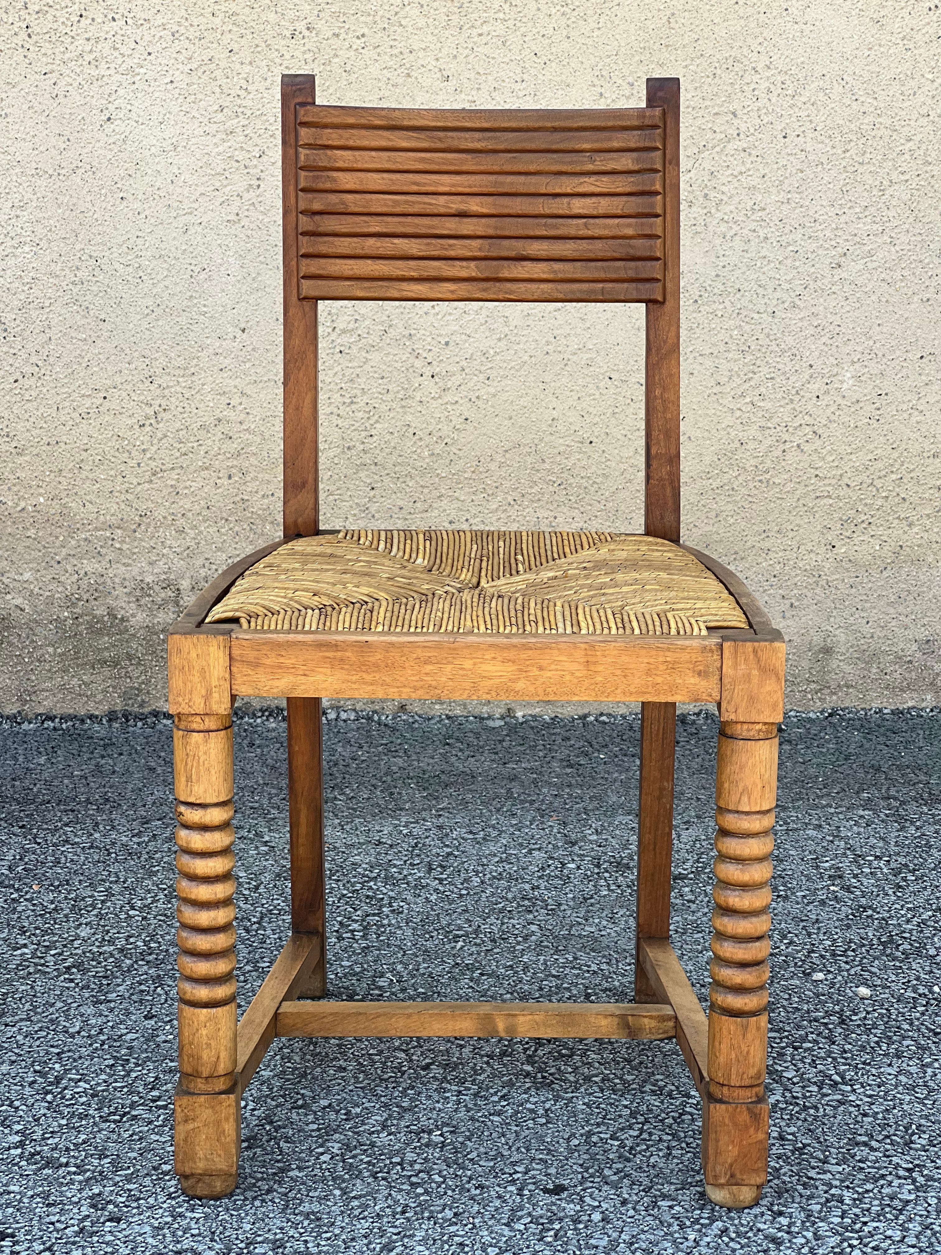 Set of 4 Chairs in Walnut and Straw in the Taste of Victor Courtray For Sale 1