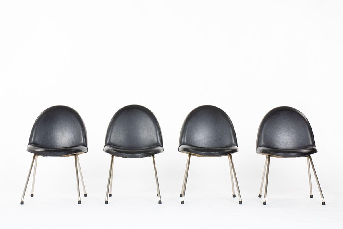 Set of 4 chairs designed by Joseph Andre Motte for Steiner in 1954
Model 771 
Structure with four feet in metal, seat and backrest covered by black leather from origin
Some traces of time
original model with stamp below the seat (see picture)