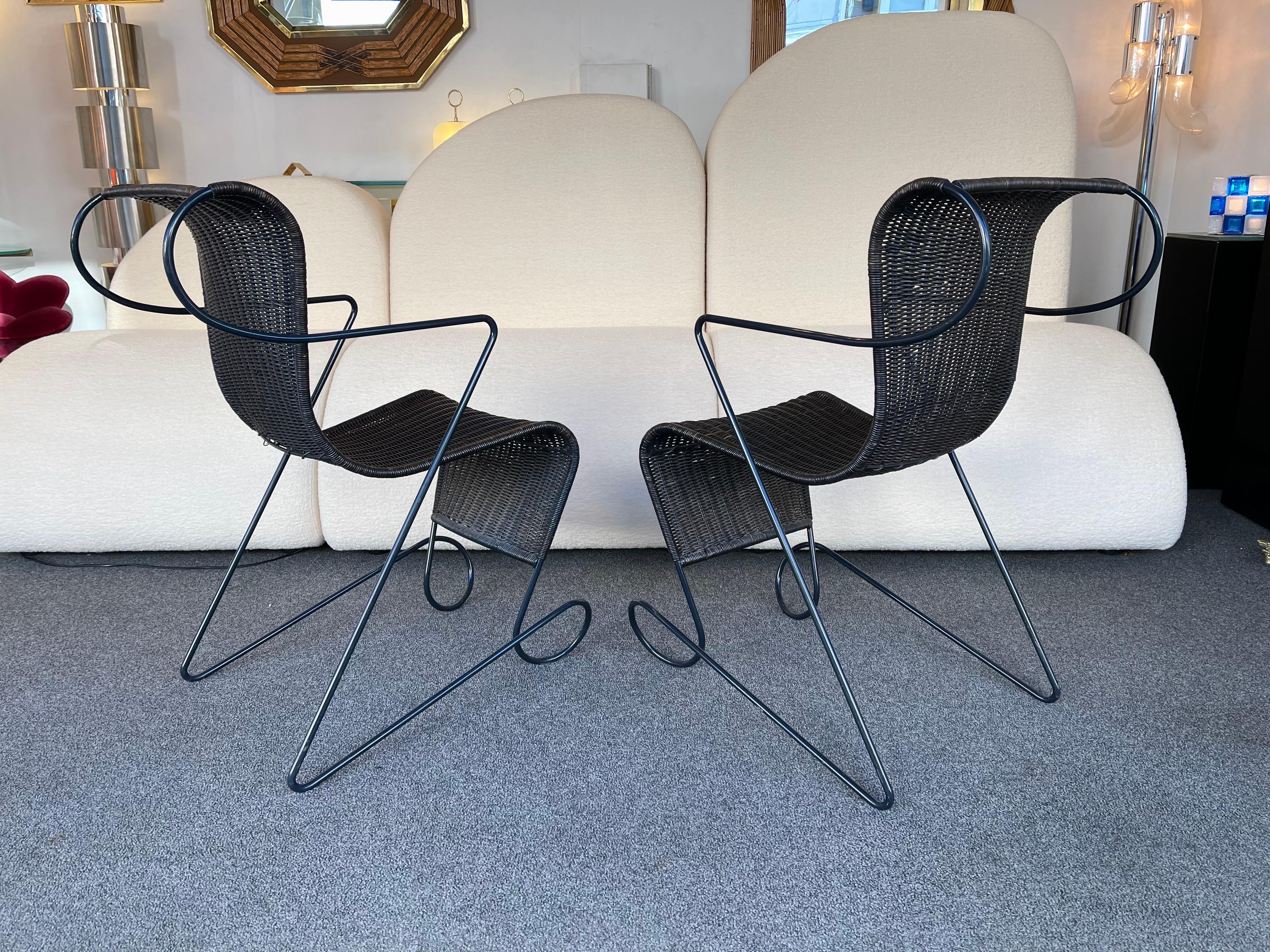 Mid-Century Modern Ensemble de 4 chaises Zigo Metal Rattan de Ron Arad pour Driade, Italie, années 1990 en vente